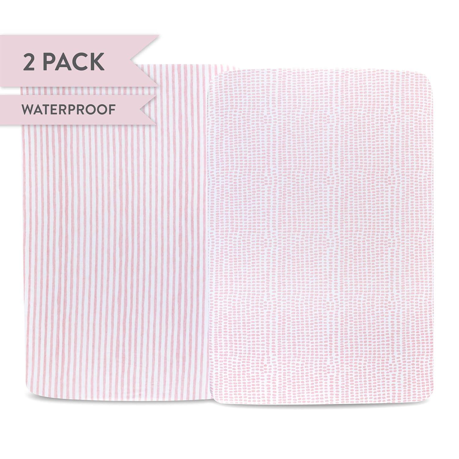 Ely's & Co. Baby Fitted Waterproof Crib Sheet  100% Combed Jersey Cotton  Mauve Pink Stripes & Splash 2 Pack