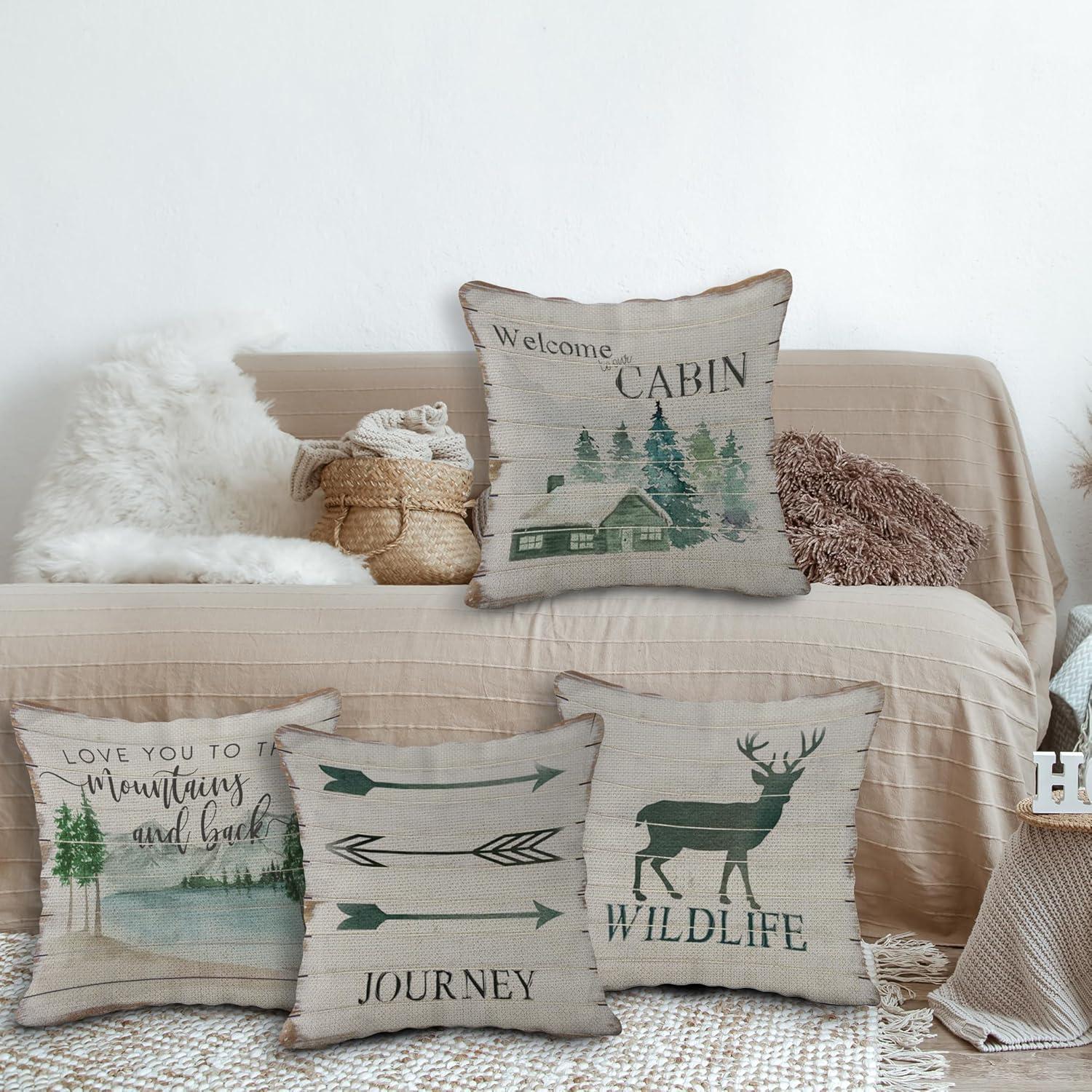 (RB) Life is Better at The Cabin Vintage Wood Grain Throw Pillow Case, 18 x 18 Inch Set of 4, Cabin Outdoor Porch Decorative, Cabin Decor, Cabin Rules Decor, Cabin Pillows Cover for Sofa Couch Bed