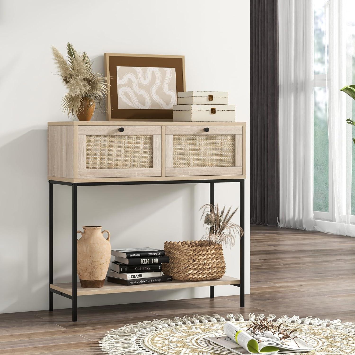 Spaco Rattan Console Table Boho Entryway Table with 2 Rattan Drawers and Open Storage Shelf-Oak, Entryway Table Hallway Table, Storage-Friendly Hallway Table for Foyer & Entry Spaces