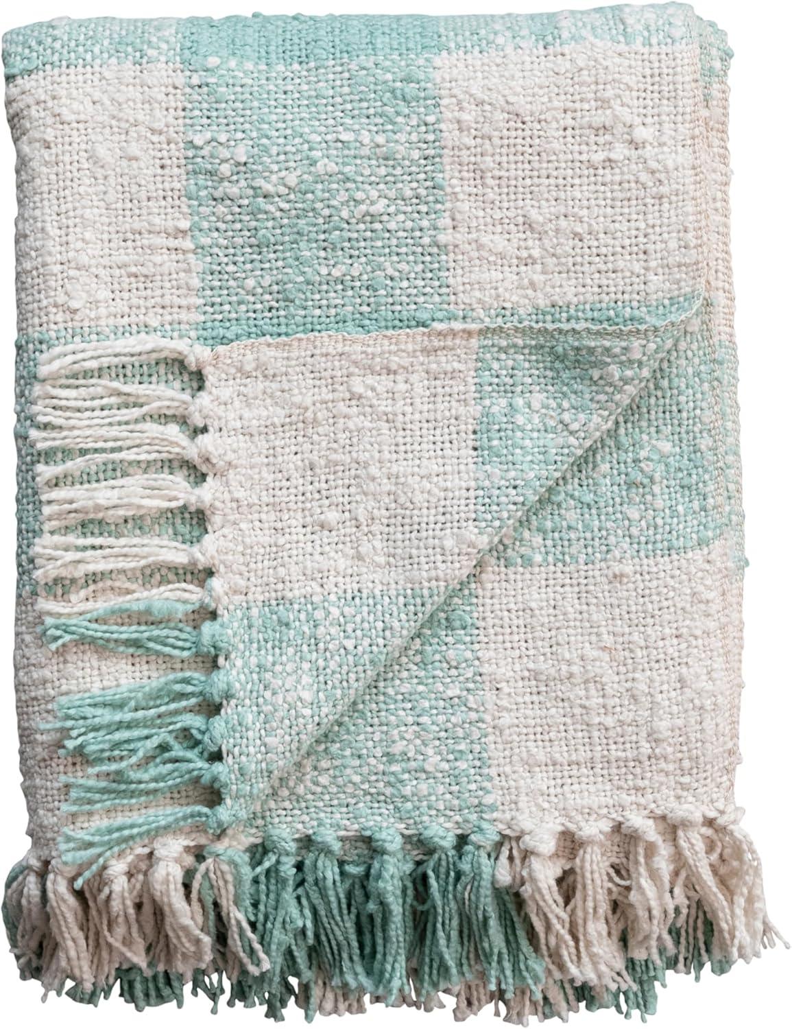 Mint and Cream Hand-Woven Cotton Plaid Throw with Fringe