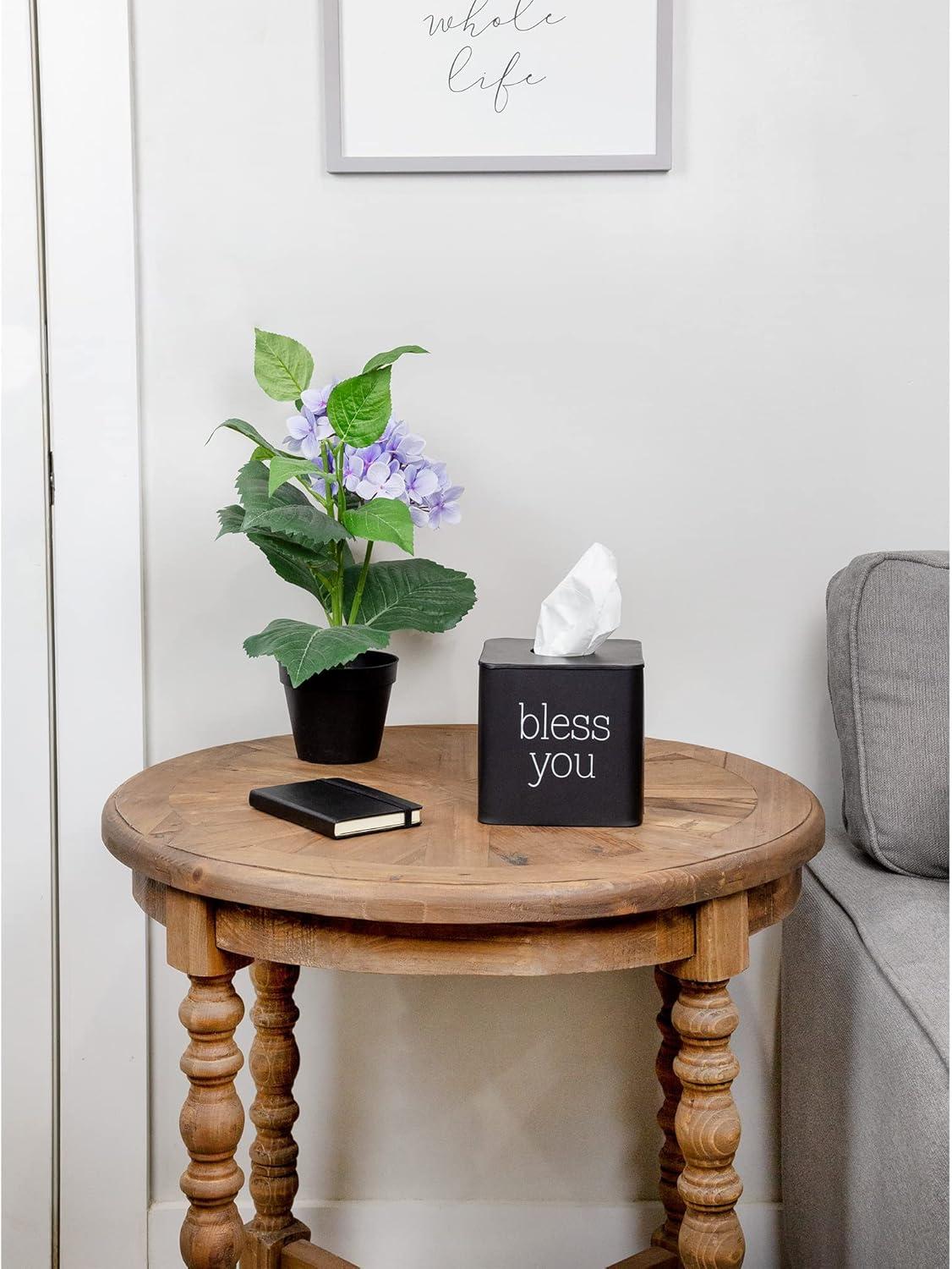 Black Enamel Square Tissue Box Cover with Bless You Text