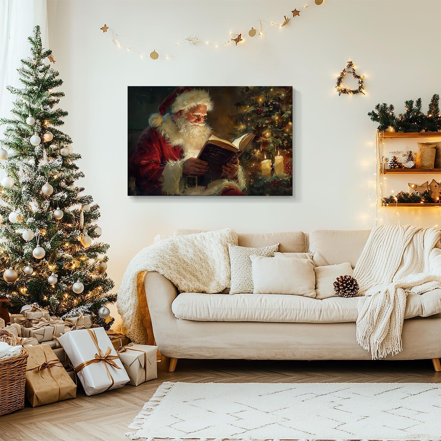 Vintage Christmas Santa Claus Reading Canvas Wall Art