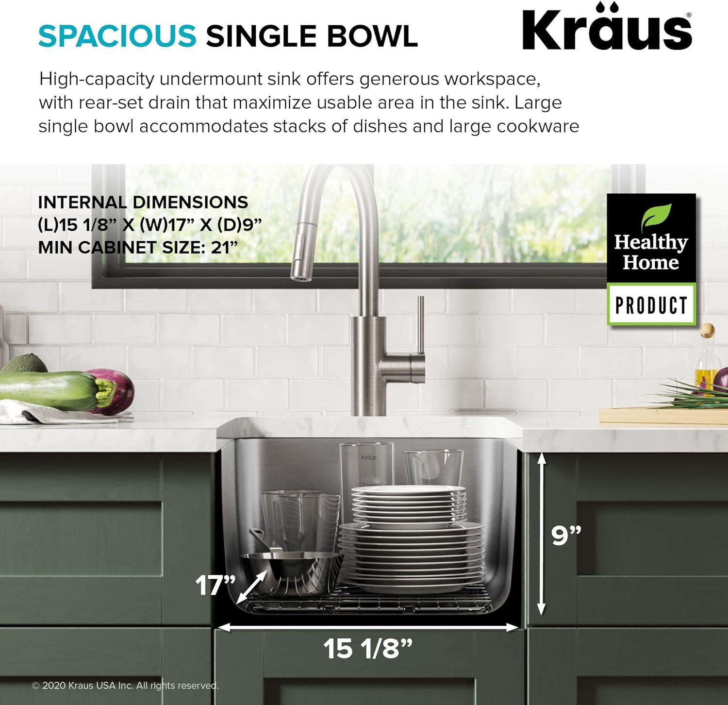 Dex™️ Series KRAUS 17" L Undermount 16 Gauge Stainless Steel Single Bowl Kitchen Sink