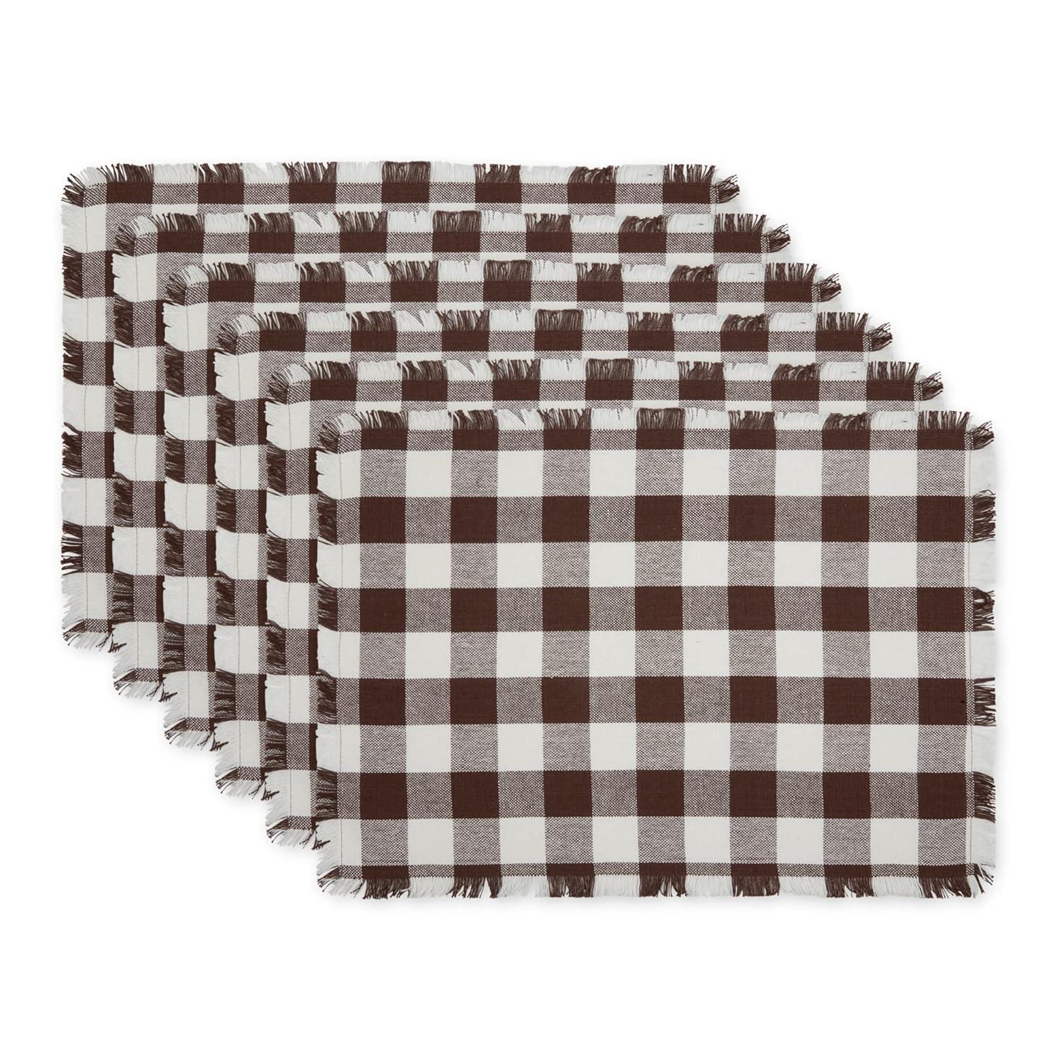 Design Imports Bark Brown Heavyweight Check Fringed Placemat Set/6