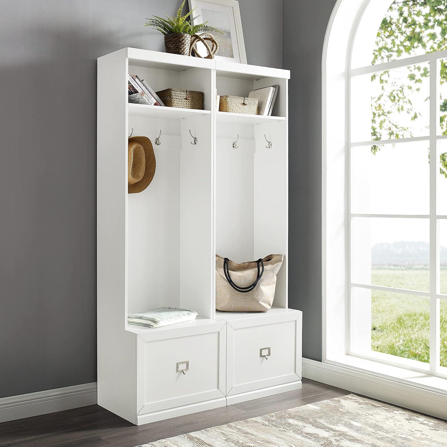 2pc Harper Entryway Hall Trees White - Crosley: Organizer with Bench, 8 Coat Hooks, Label Drawers