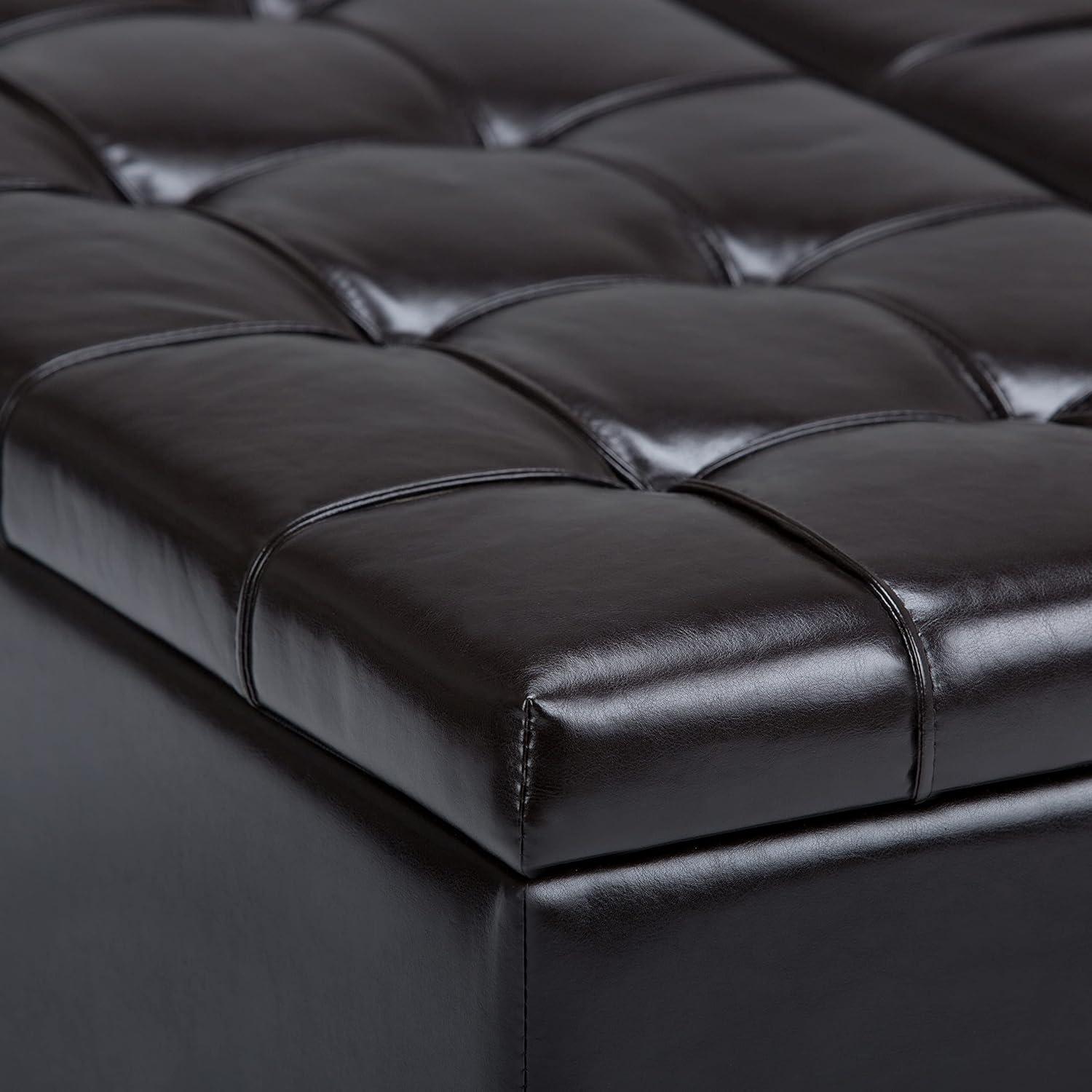 Simpli Home Harrison 36"W Upholstered Square Coffee Table Storage Ottoman with Split Lift Top