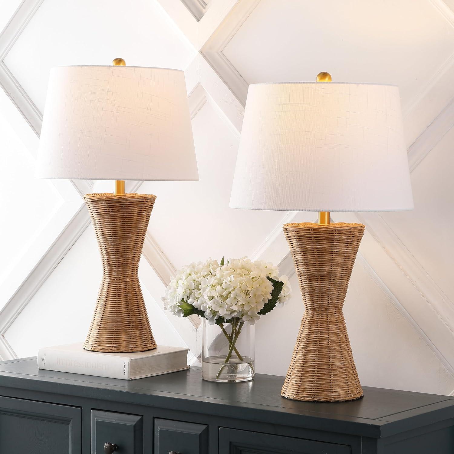 Laura 27 in. Coastal Designer Iron/Rattan Wicker LED Table Lamp Set with Rattan Base and Linen Shade, Natural (Set of 2)