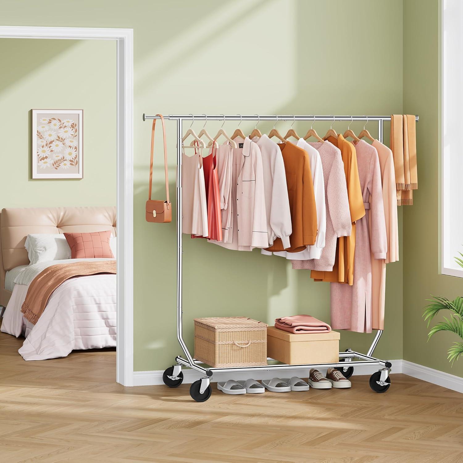 Clothing Rack Heavy Duty Clothes Rack Foldable Garment Rack with Wheels and Extendable Rod,Chrome