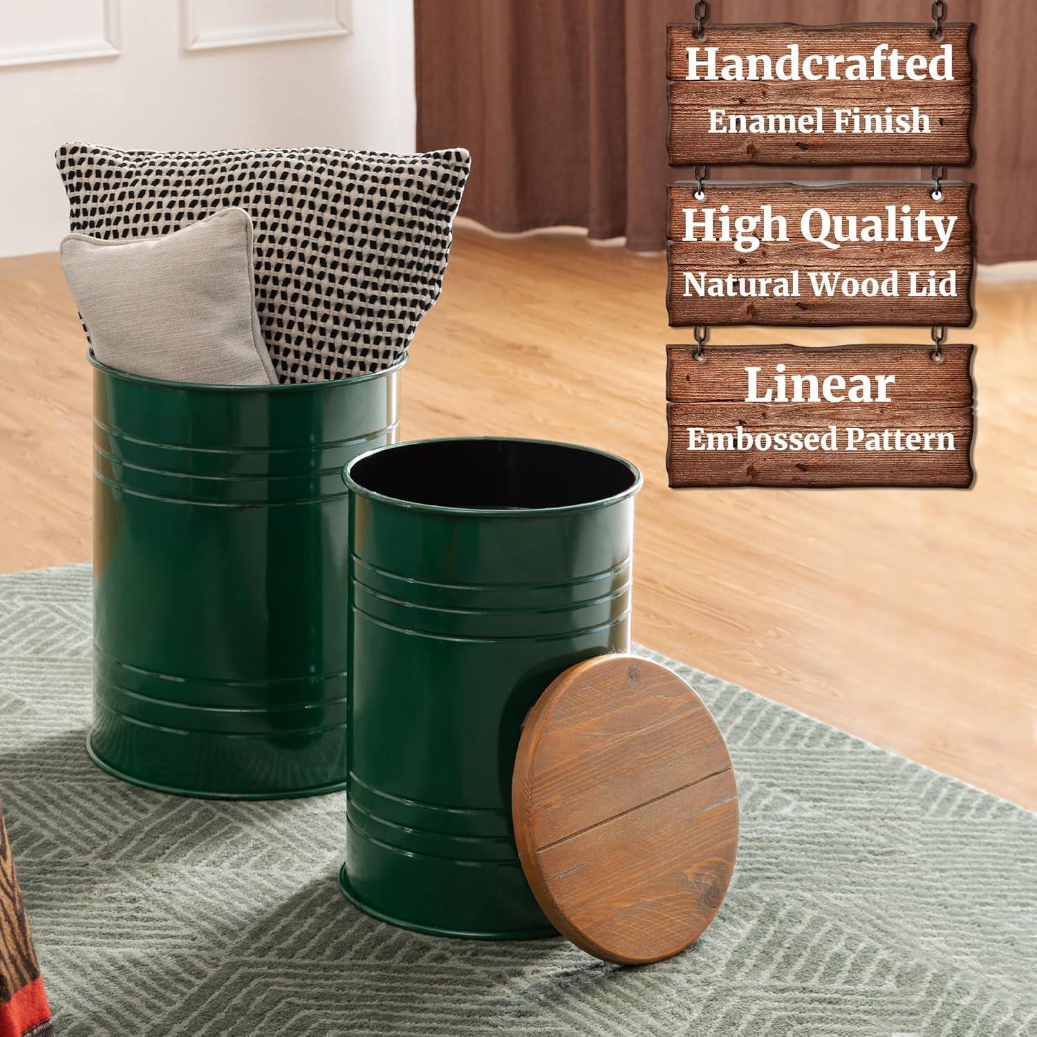 Glitzhome Rustic End Table Set of 2, Farmhouse Galvanized Metal Barrel Ottoman Storage Stool with Round Wood Lid for Living Room Furniture, Hunter Green