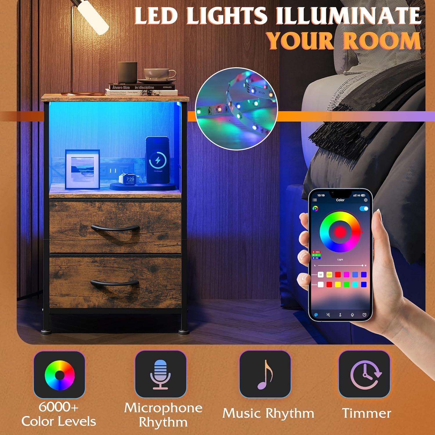 WLIVE Night Stand Set of 2 with Charging Station, LED Nightstand Sets with 2 Fabric Drawers and Storage Shelf, Small Bedside Tables for Small Spaces, Dresser for Bedroom, Rustic Brown