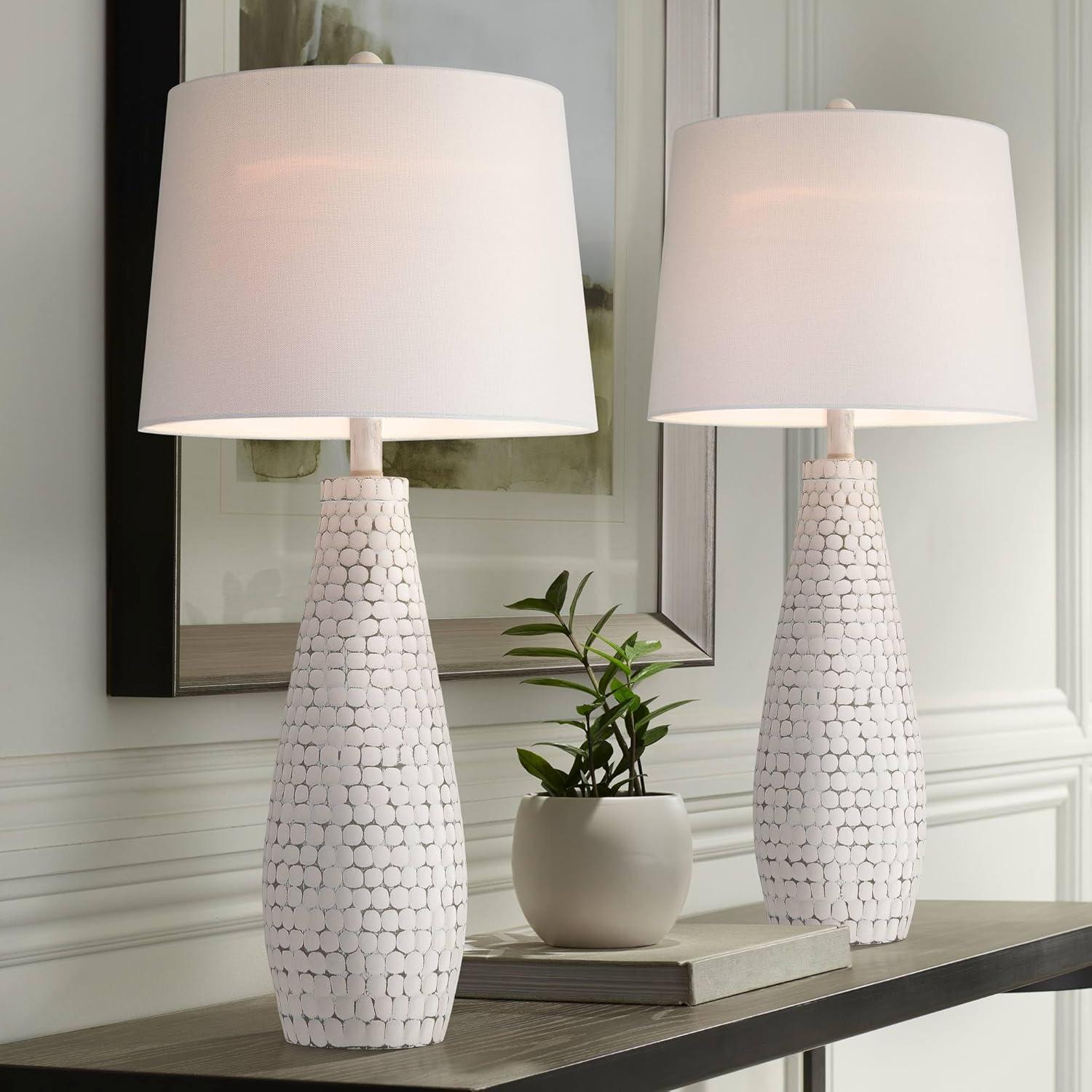 Whitewash Ceramic Tapered Table Lamps Set with USB Ports