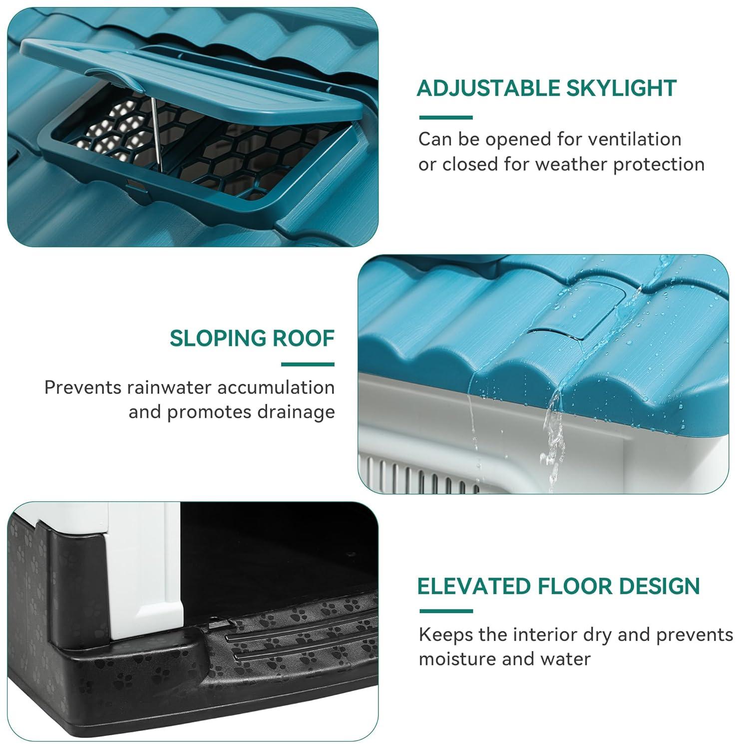 Dextrus Large Foldable Plastic Doghouse, 26.8''Lx22.4''Wx26''H Outdoor Plastic Dog House for Small Breeds with Adjustable Skylight and Elevated Floor