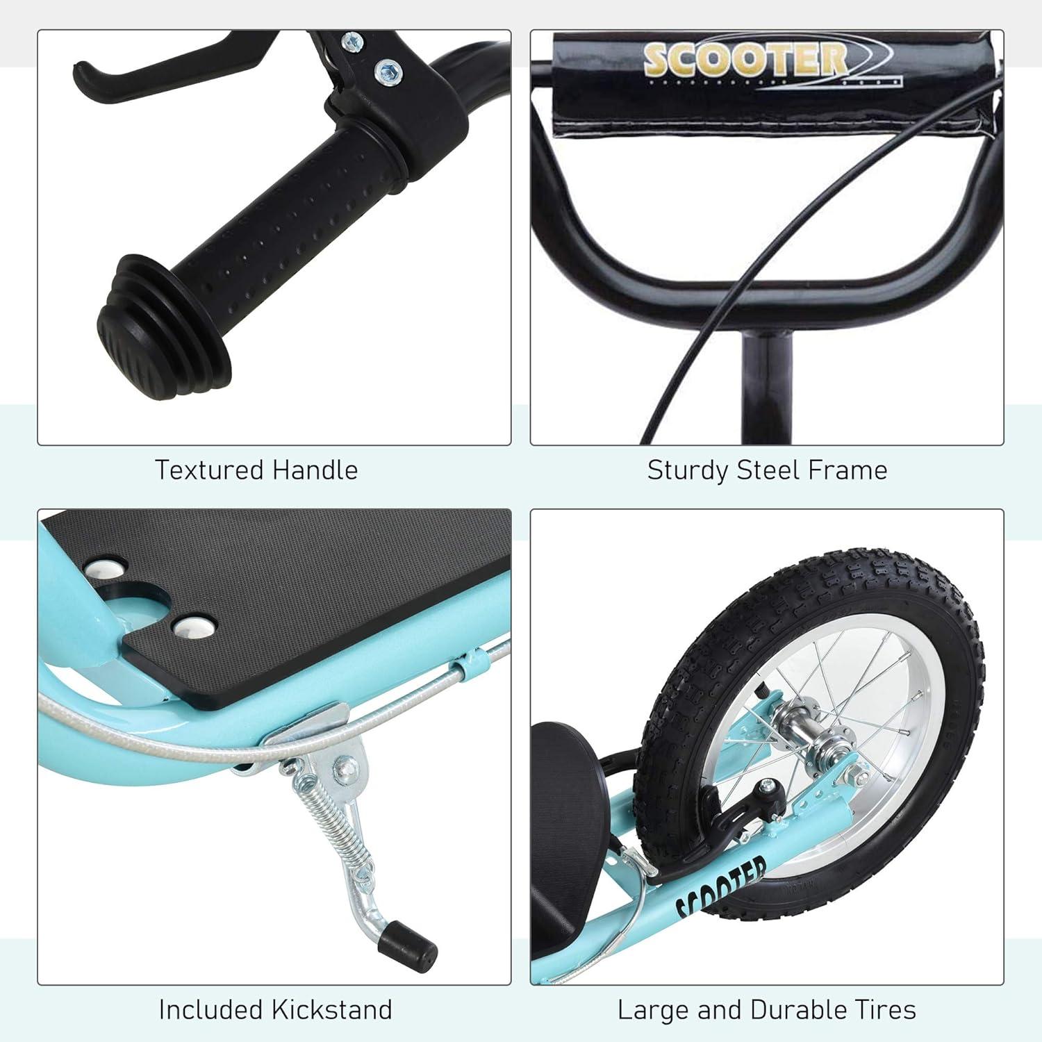 Aosom Youth Scooter, Teens Kick Scooter, Adjustable Handlebar Ride On Toy for 5+ with 16" Front and 12" Rear Dual Brakes Inflatable Wheels