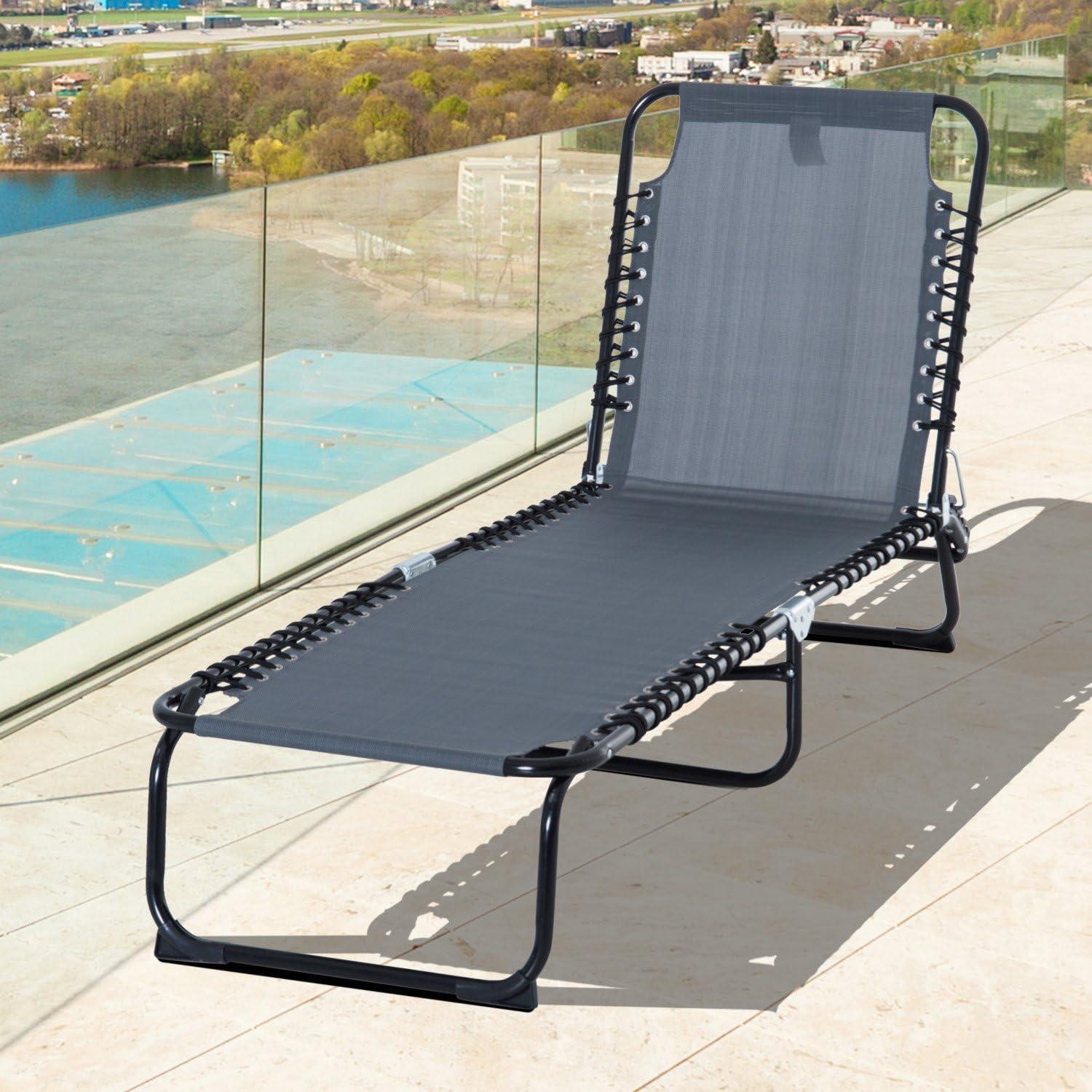 Gray Steel Mesh Adjustable Outdoor Chaise Lounge Chair