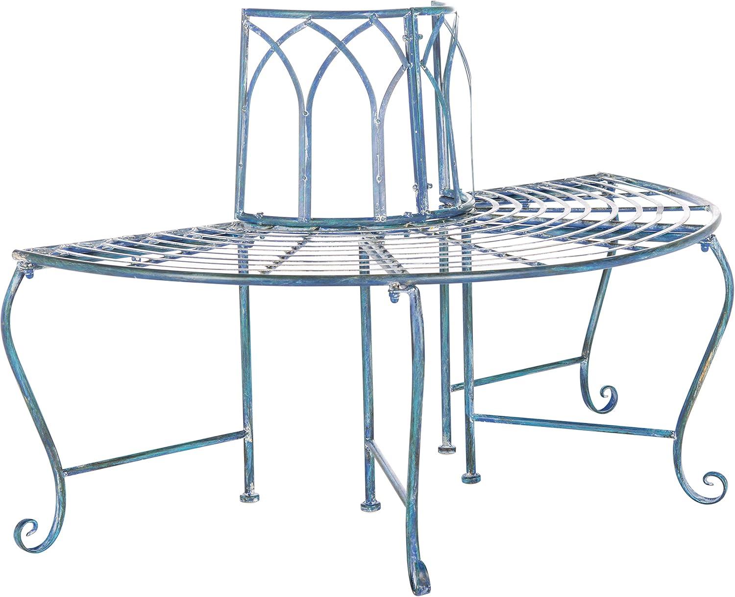 SAFAVIEH Abia Outdoor Patio Wrought Iron Semi Tree Bench, Antique Blue