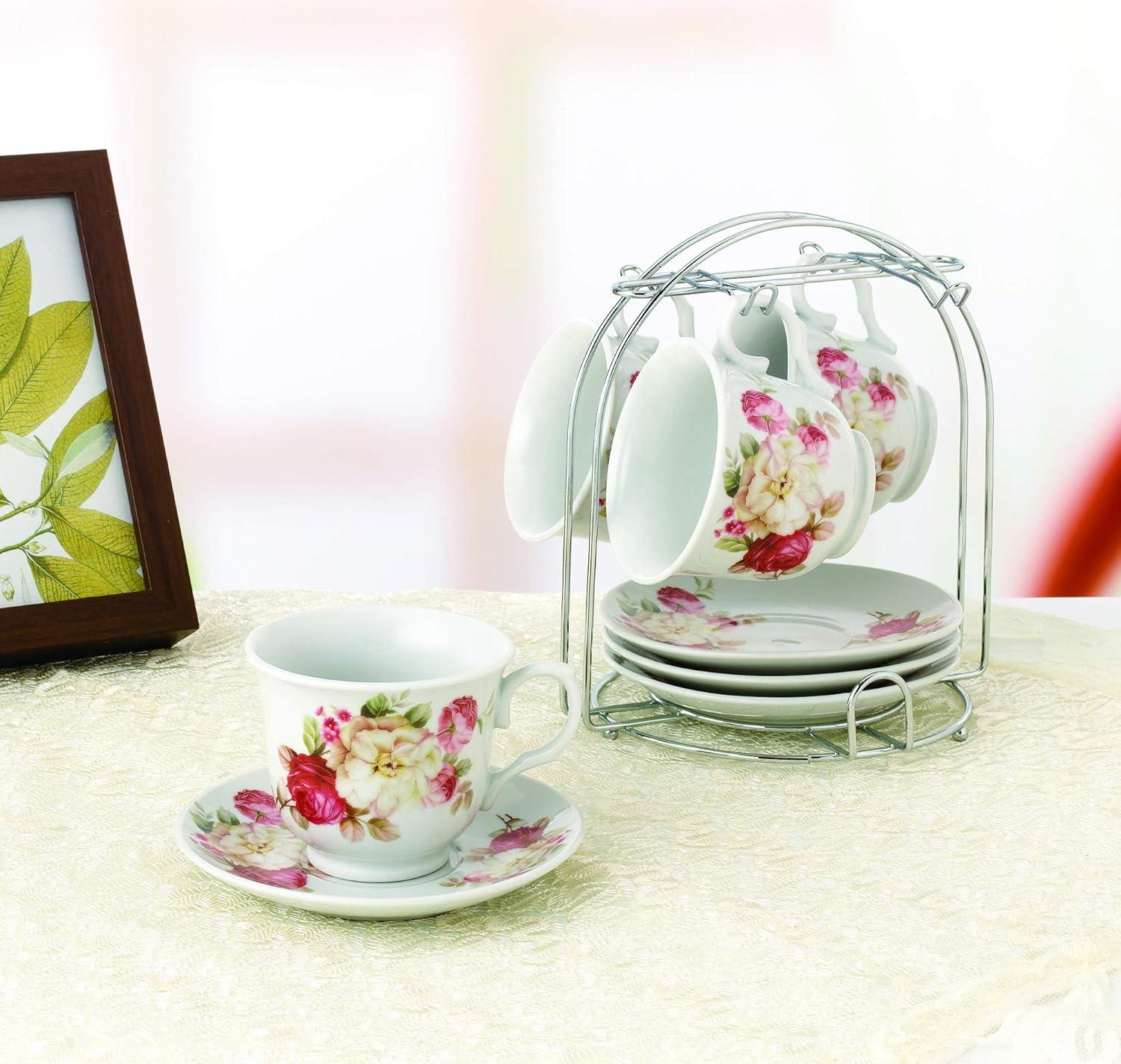 Floral Ceramic Teacup and Saucer Set with Stand, 8-Piece