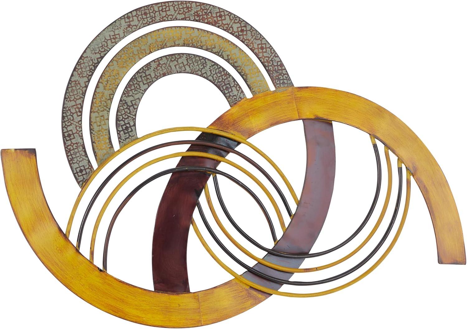 DecMode Modern Metal Overlapping Semi Circle Design Abstract Wall Décor with Fire Orange, Dark Brown and Patterned Yellow Finish, 38"W x 25"H