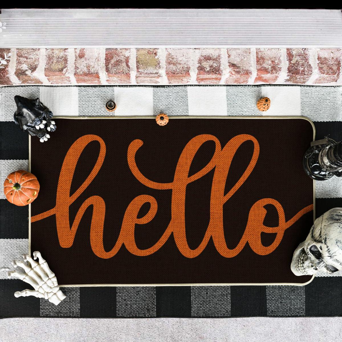 The Holiday Aisle® Black Orange Hello Halloween Doormat, Home Decor Low-Profile Switch Rug Door Mat Floor Mat For Indoor Outdoor 17X29 Inch