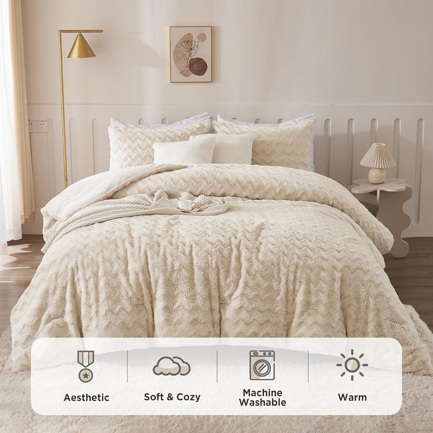 Andency Pink Faux Fur Comforter Set Full, 3 Pieces Fleece Fuzzy Shaggy Plush Sherpa Bedding Set for Women Girls, Fluffy Soft Warm Bed Set for Winter