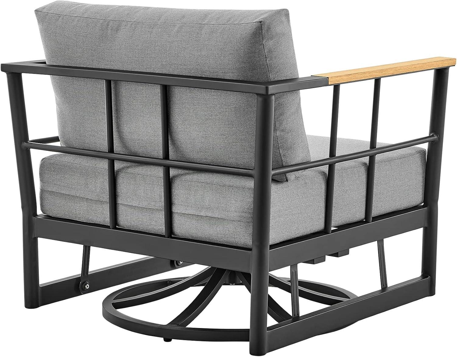 Shari Outdoor Patio Swivel Glider Lounge Chair in Black Aluminum and Teak Wood with Cushions