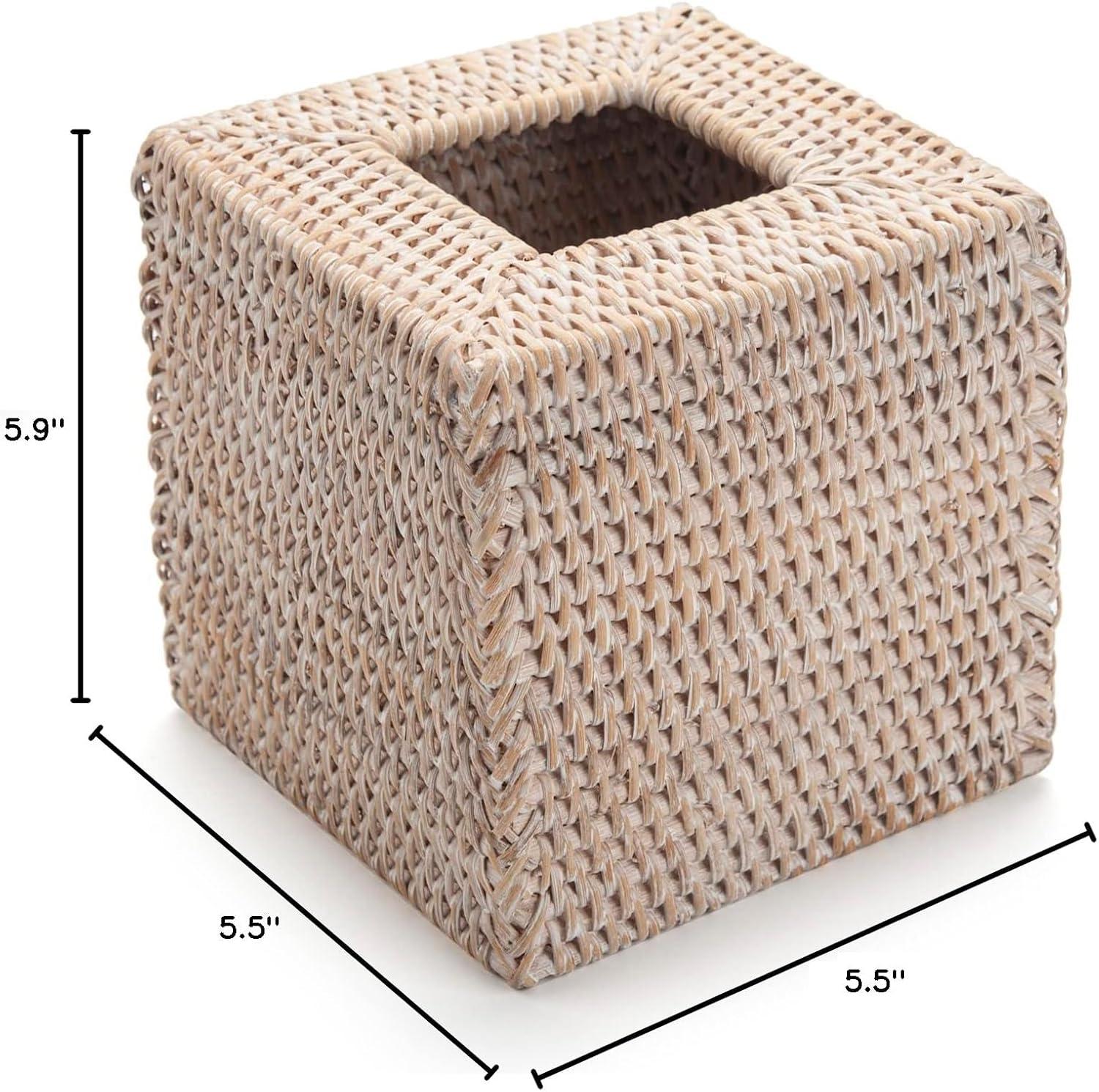 One Allium Way® Rattan Tissue Box Cover Natural Woven Facial Napkin Holder Square (White, 5.5X5.5X5.9 Inch)