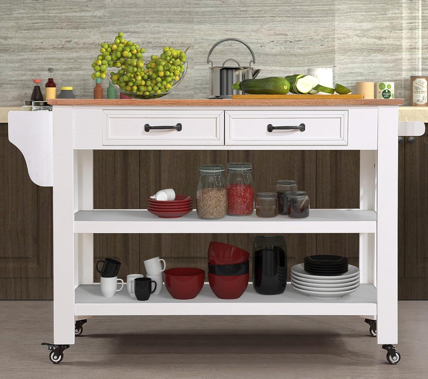 57 Inch White Kitchen Cart with Solid Oak Top and Storage