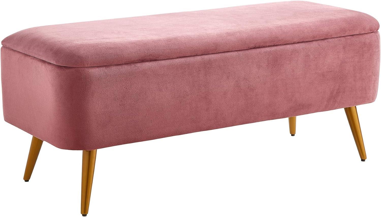 Rose Velvet Upholstered Storage Bench with Golden Metal Legs