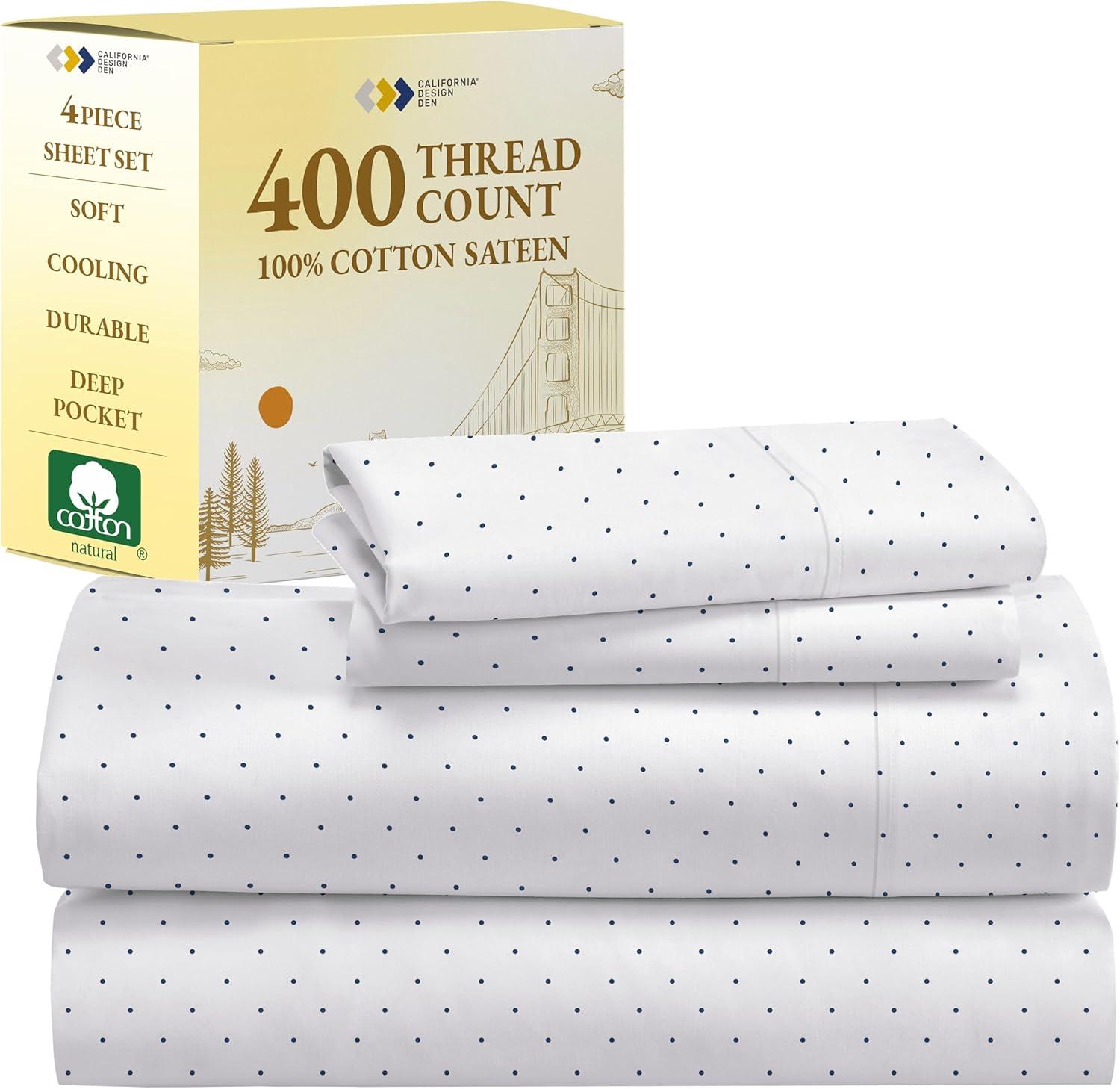 California King White and Navy Blue Cotton Polka Dot Sheet Set