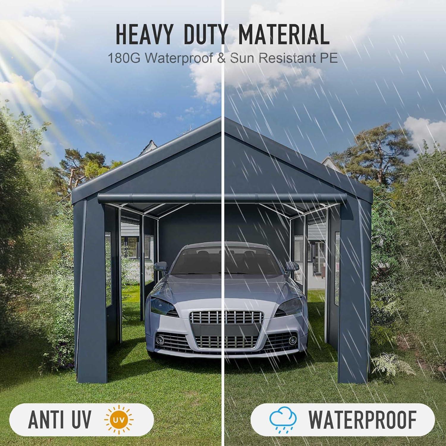 10x20ft Carport Portable Garage, Heavy Duty Carport Canopy with 2 Rolling Doors and 4 Ventilation Windows for Cars, Trucks, Boats, Garden Tools
