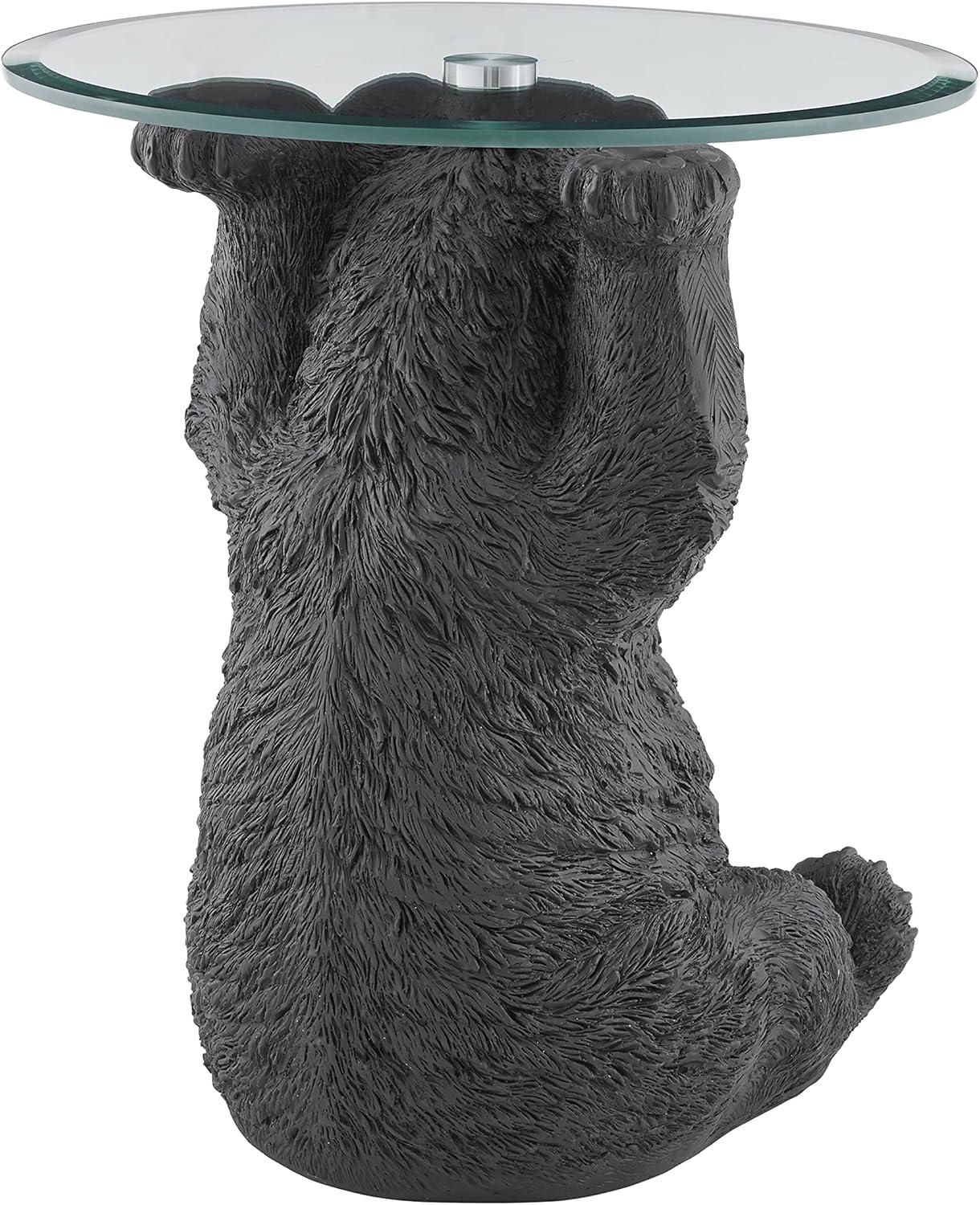 Linon Barney Bear Resin Accent Table Glass Top with Beveled Edge in Dark Brown