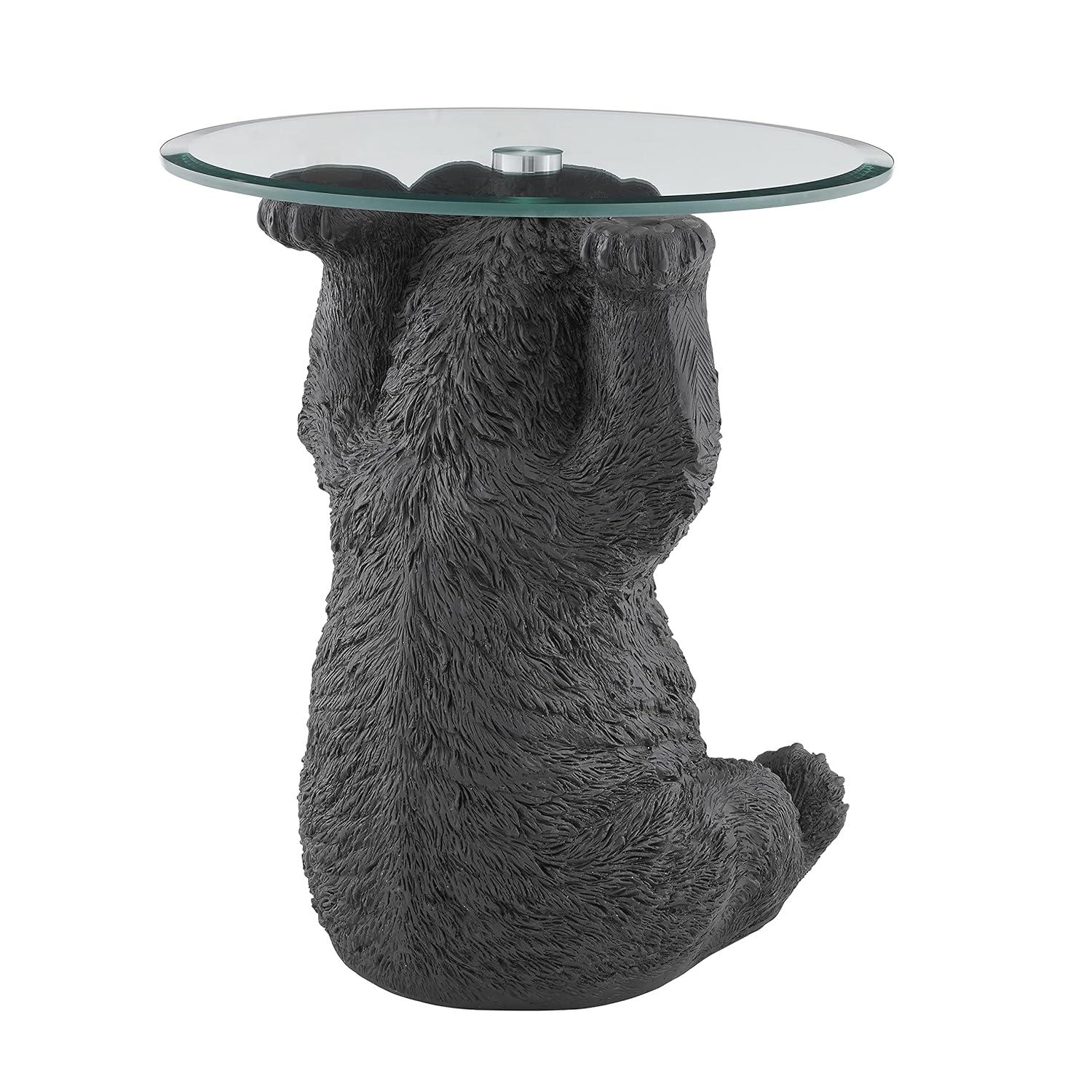 Linon Barney Bear Resin Accent Table Glass Top with Beveled Edge in Dark Brown