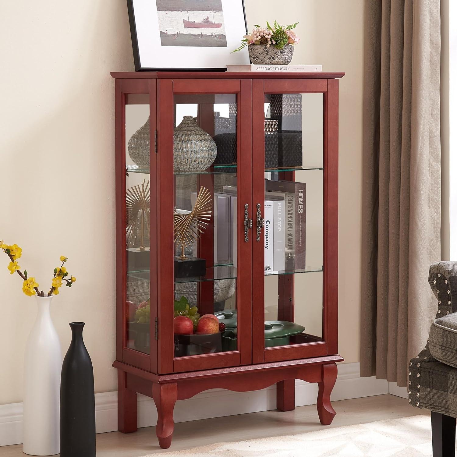 Cherry Lighted Curio Cabinet with Tempered Glass and Mirrored Back