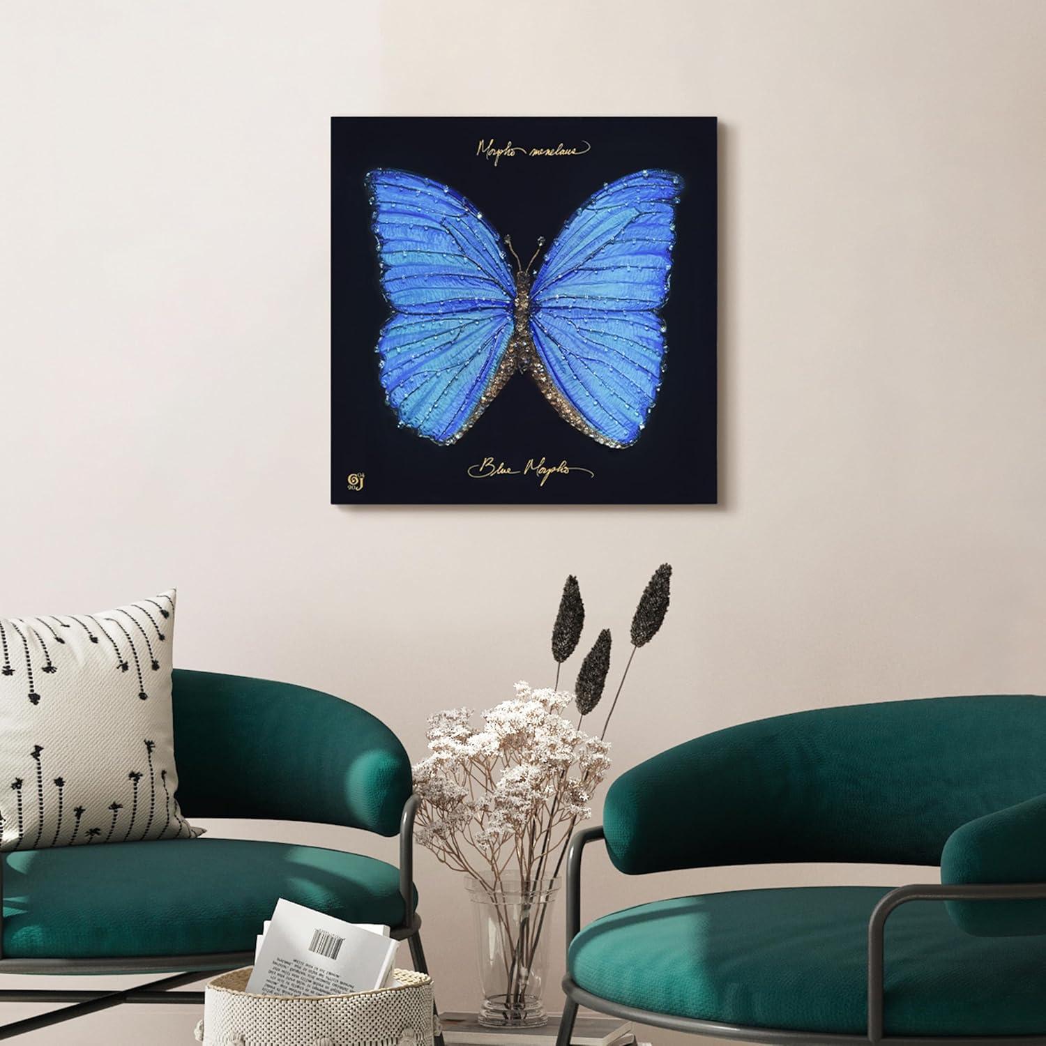 "Blue Monarch Elegance" Crystallus Epoxy Coated Wrapped Glossy Butterfly Canvas Wall Art with Heavy Acrylic Crystal Shards Embellishments