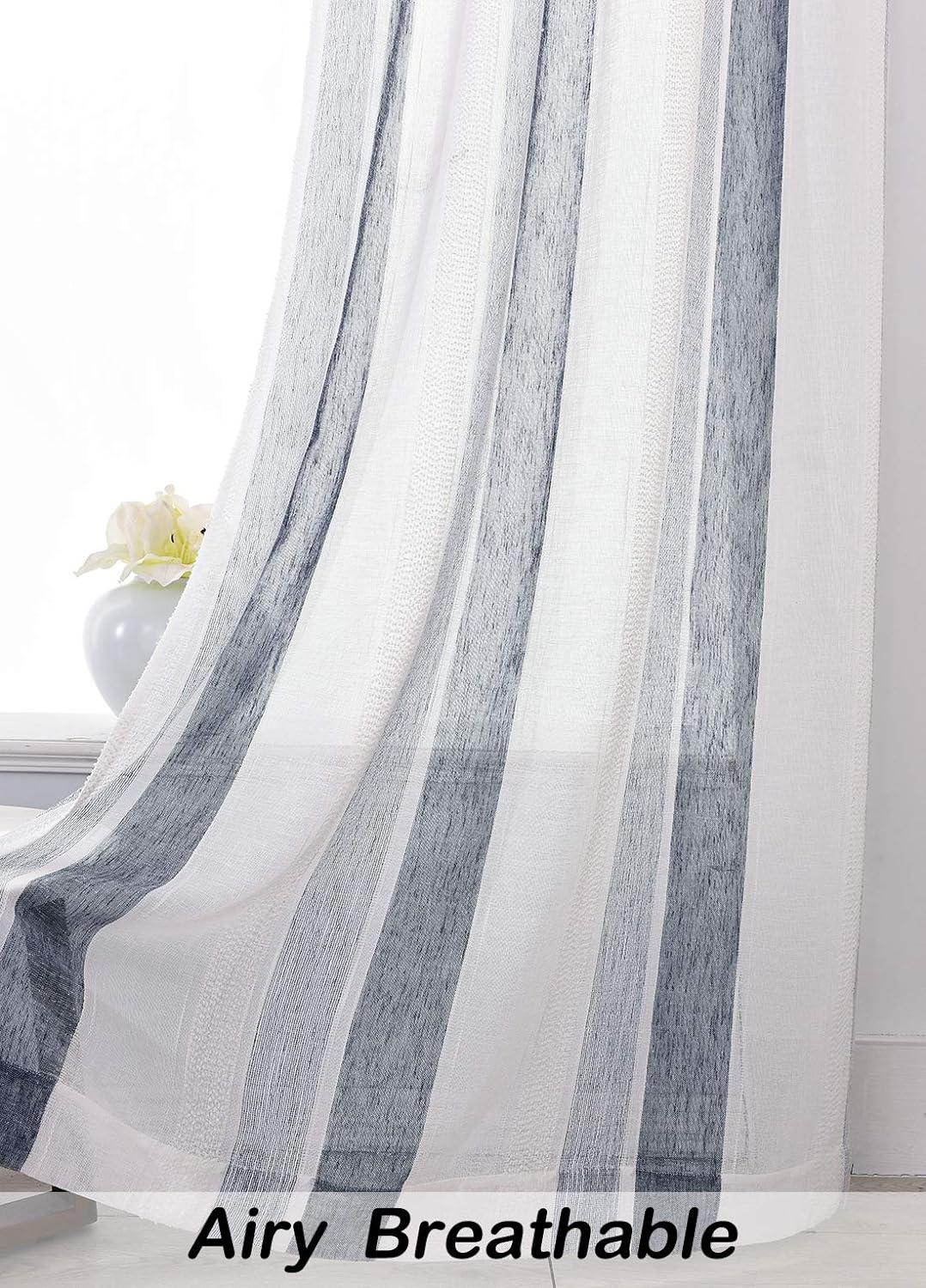 Navy Blue and White Sheer Linen Rod Pocket Curtain Panels