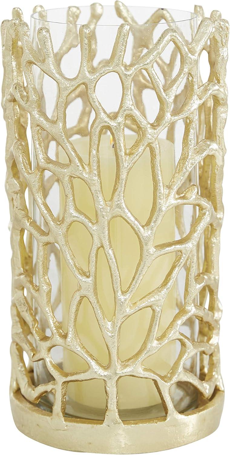 DecMode Gold Aluminum Metal Decorative Candle Lantern with Coral Pattern