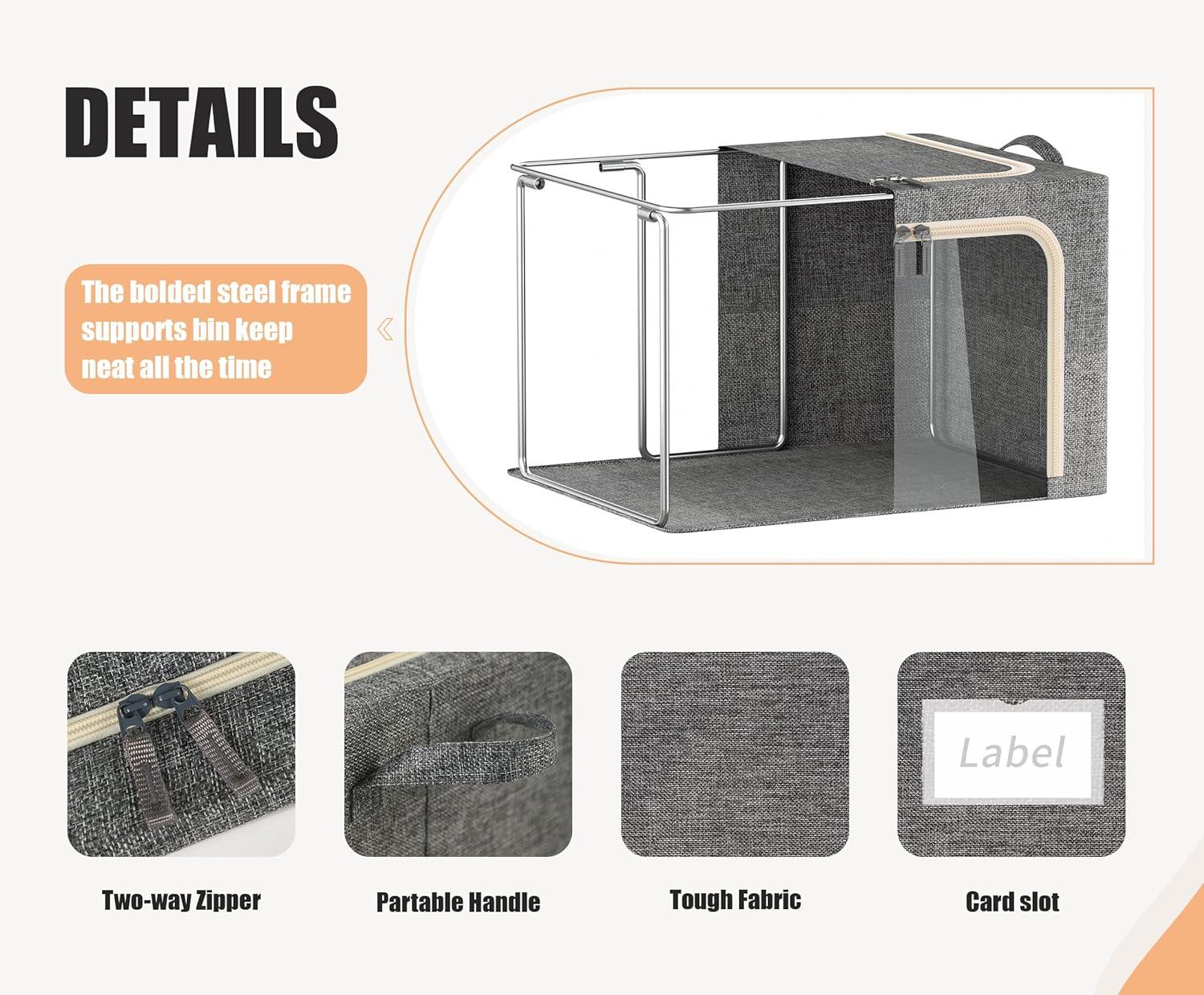 3 Openings Clothes Storage Bins With Metal Frame, Foldable Storage Bin For Clothes, Clothing Storage Bins With Lid, Linen Storage Box With Clear Window& Zippers& Durable Handles.(3 Pcs,Light Grey,40L)