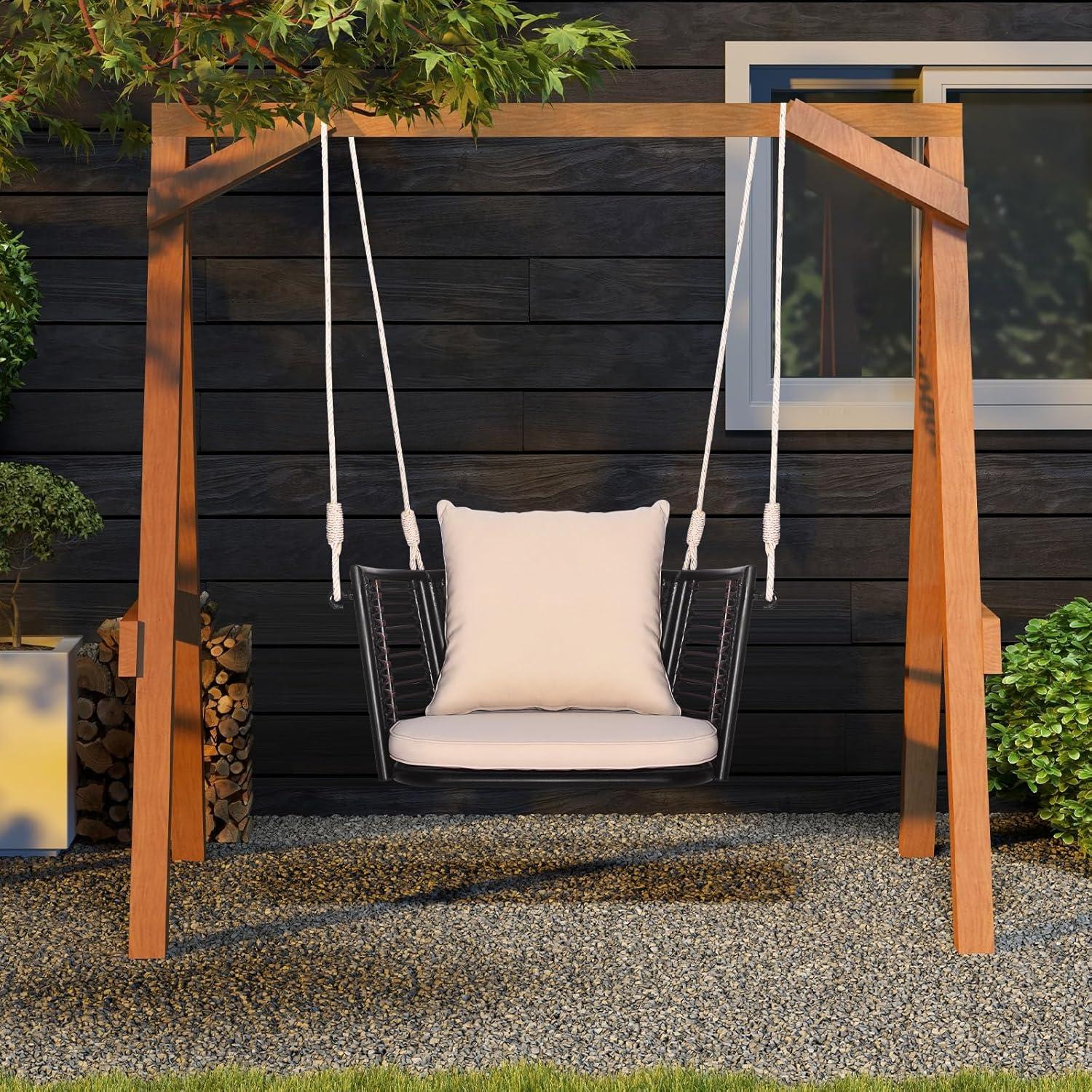 Gymax Outdoor Metal Porch Swing Single Person Hanging Seat w/ Woven Rattan Backrest Porch Backyard