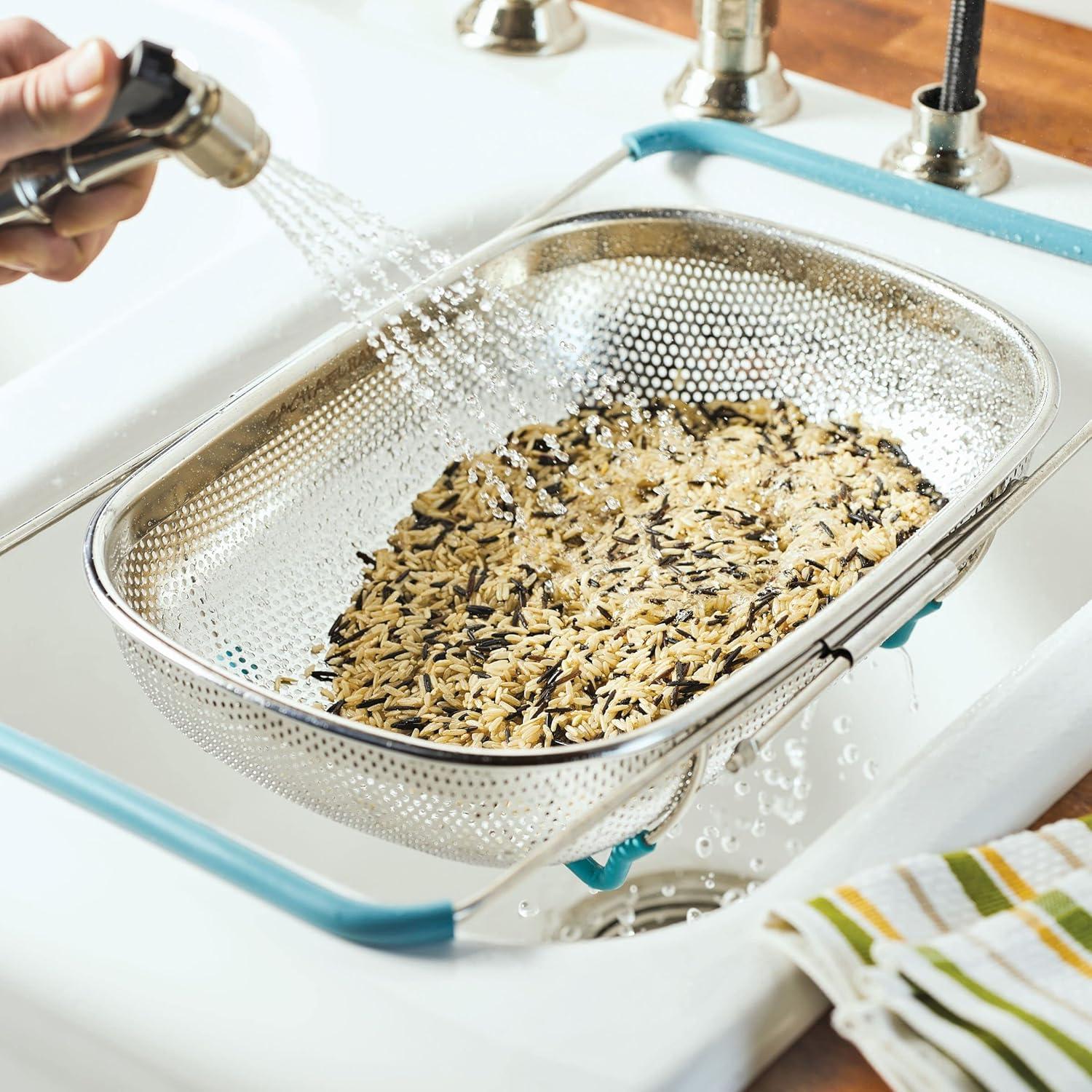 Rachael Ray Tools and Gadgets Over-the-Sink Stainless Steel Colander, 4.5 Quart, Agave Blue Handles