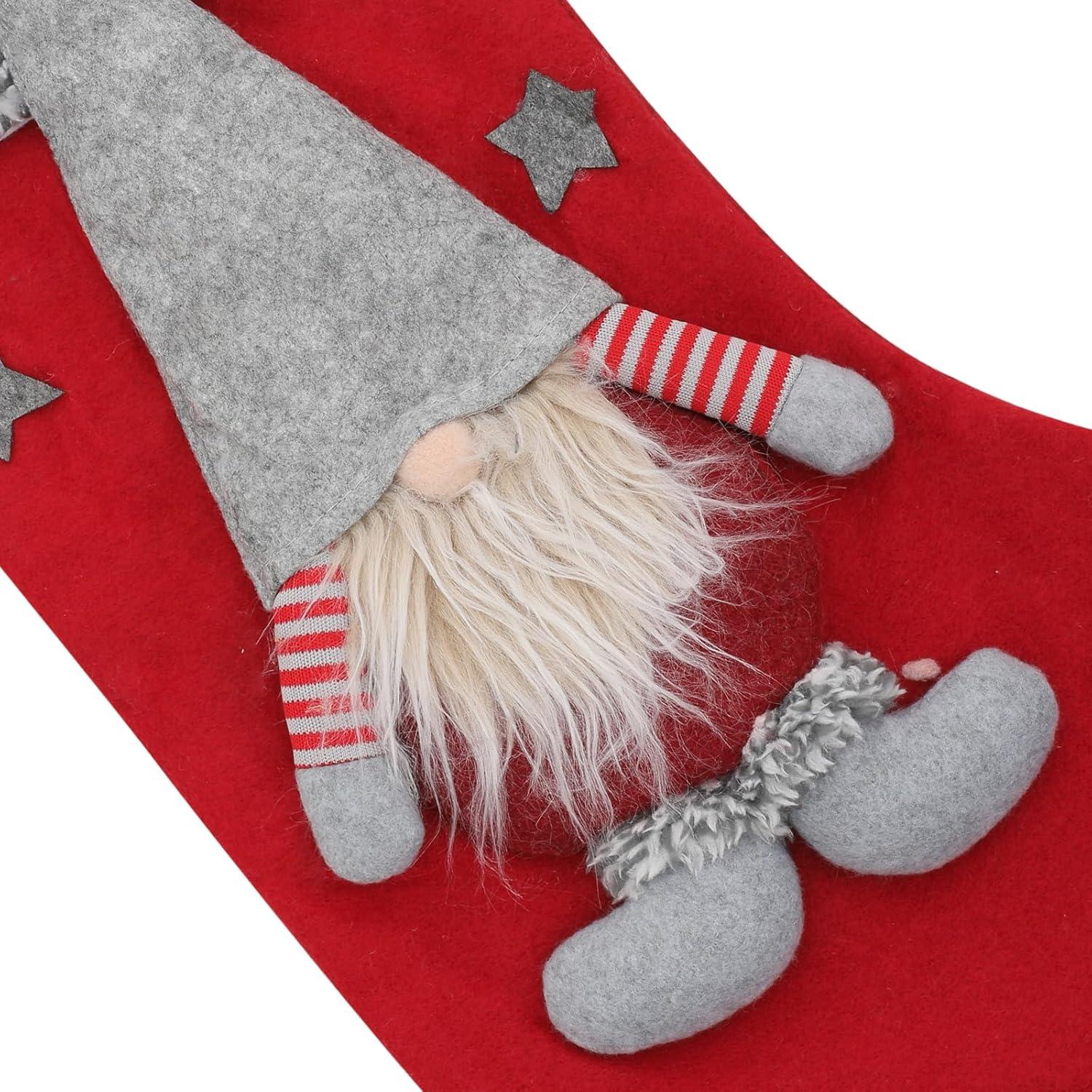 Magshion 4 pack 3D Christmas Stockings with Whimsical 3D Santa Characters, Classic Red and Grey Fireplace Hanging for Family Holiday Xmas Party Decorations