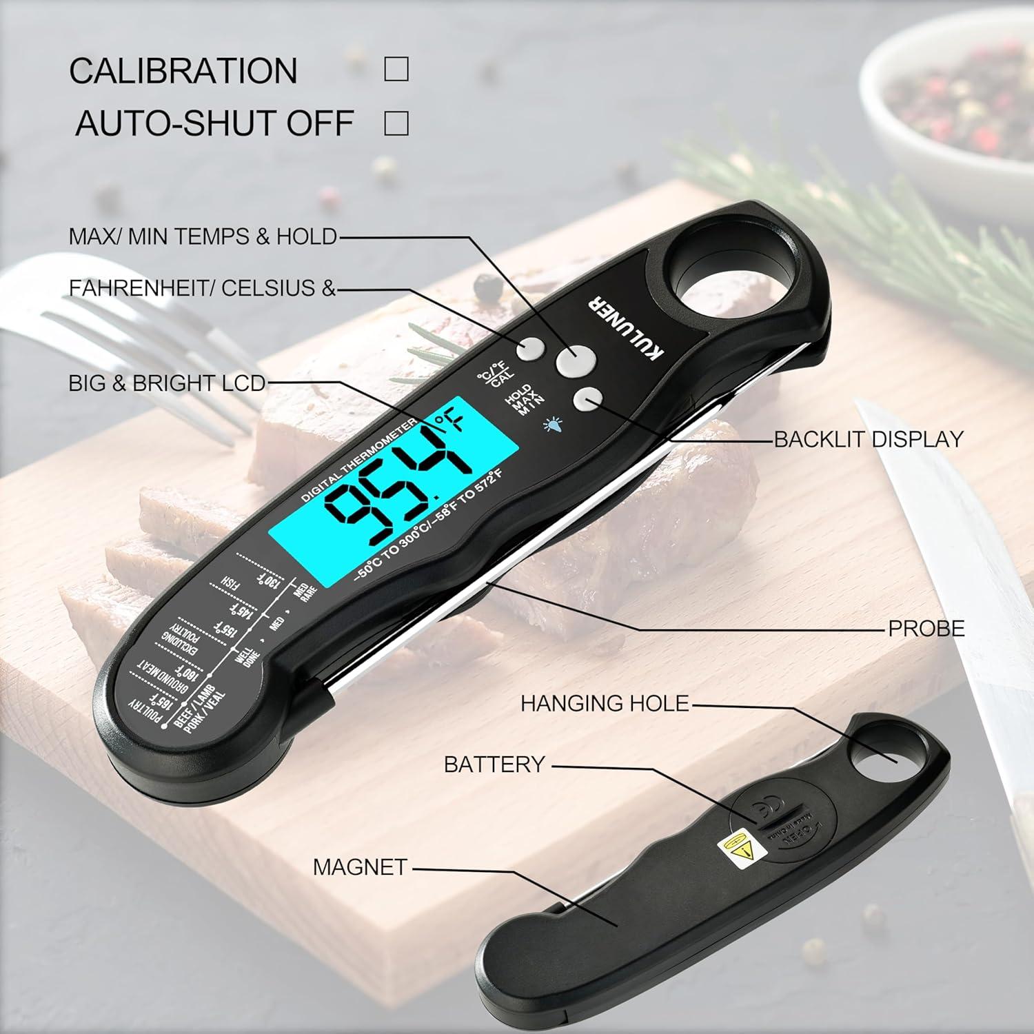 Black Waterproof Digital Instant Read Meat Thermometer with Backlight