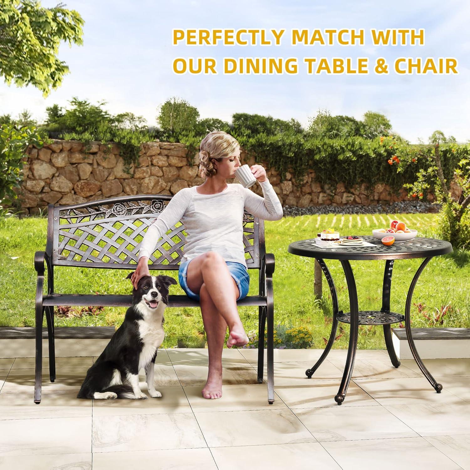 DWVO Cast Aluminum Outdoor Bench, 39.4’’ Patio Garden Benches for Outdoors, Metal Frame Patio Bench for Backyard, Lawn, Deck, Porch, Park, Bronze