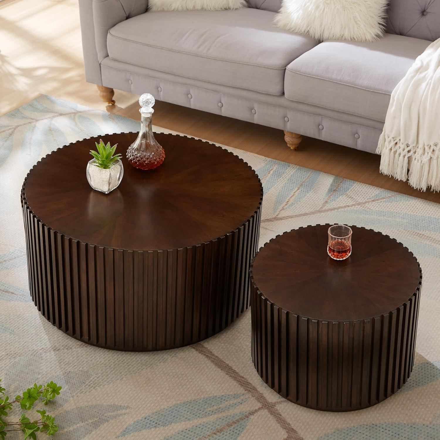 Handcrafted Deep Brown Round MDF Coffee Table Set of 2