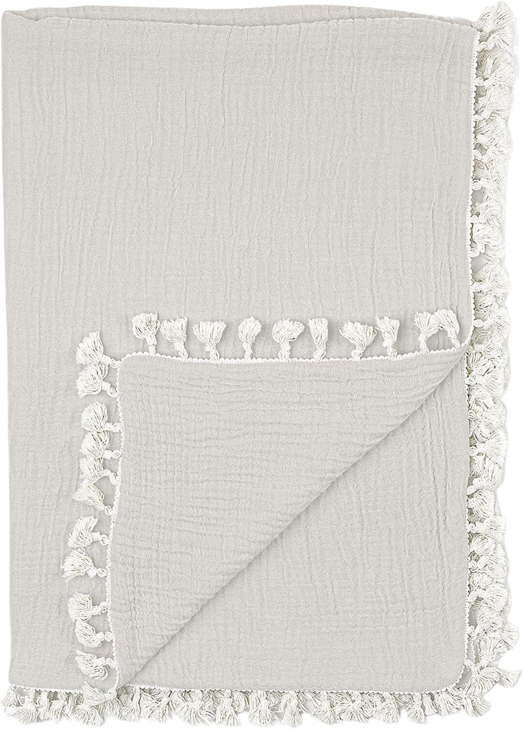 Moonstone Cotton Muslin Baby Blanket with Fringe Trim