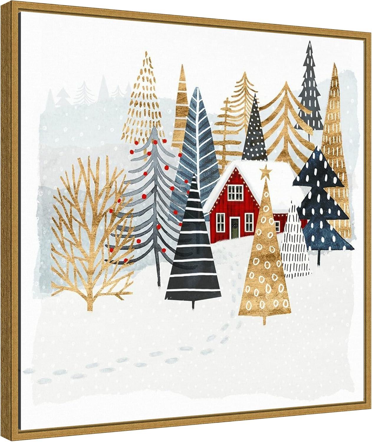 22" x 22" Christmas Chalet I Tree Framed Wall Canvas - Amanti Art