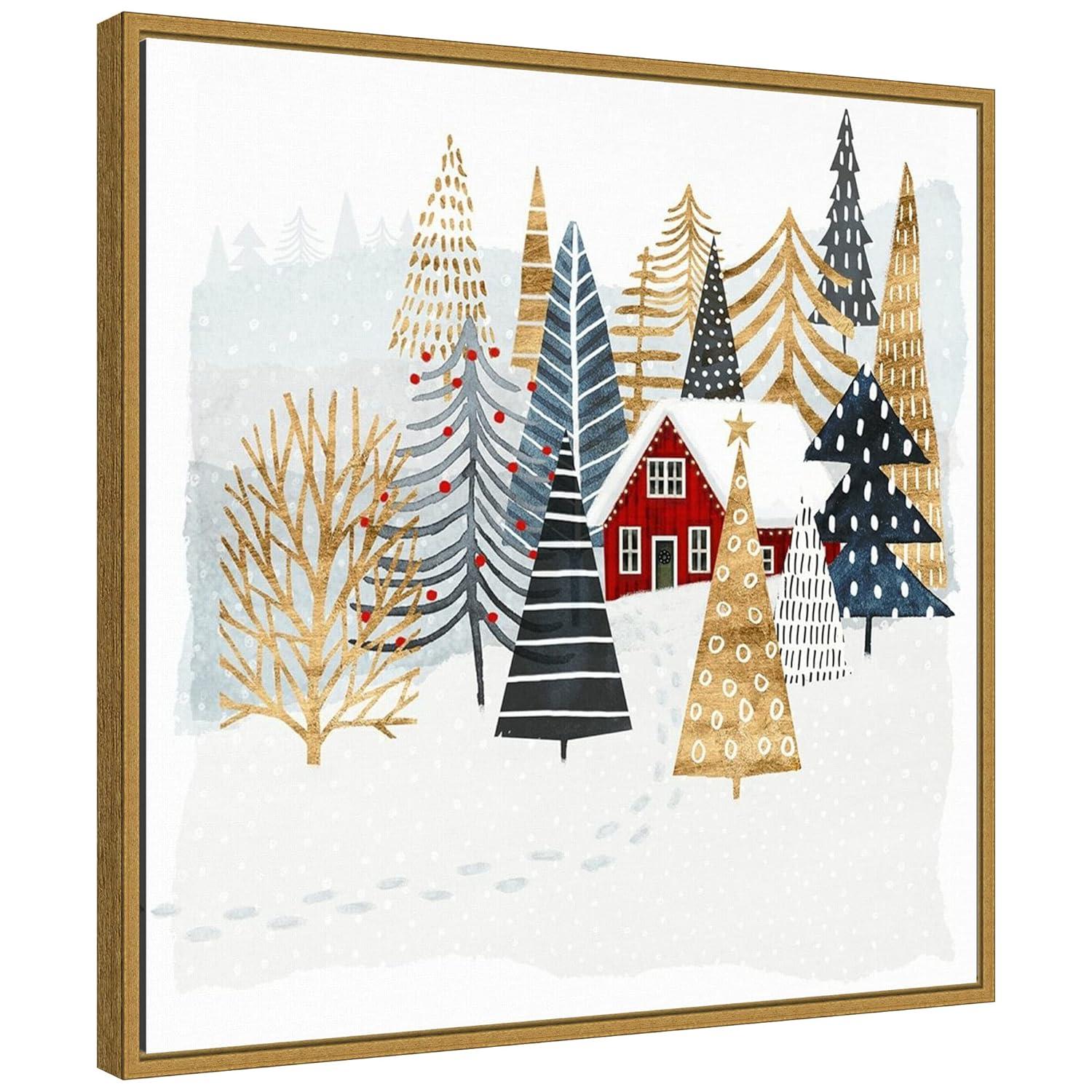 22" x 22" Christmas Chalet I Tree Framed Wall Canvas - Amanti Art
