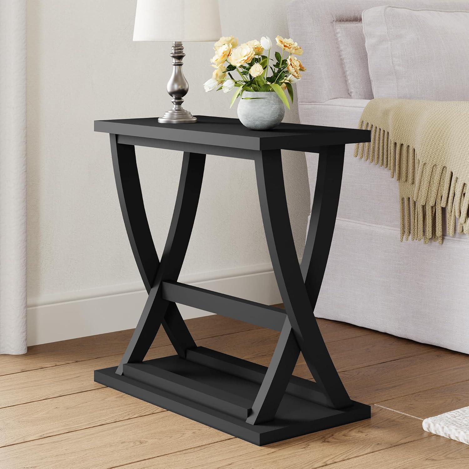 Black MDF X-Design Slim End Table Set with Storage Shelf