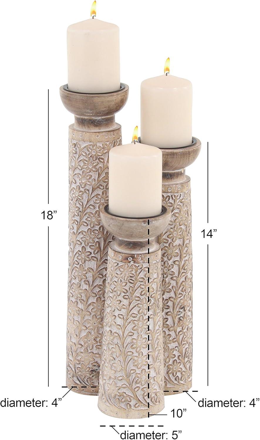 Gracie Oaks Mango Wood Floral Handmade Decorative Candle Holder Carved Pillar Candle Stand With Cream Accents, Set Of 3 Candlestick Holder 6", 8", 10"H, Brown