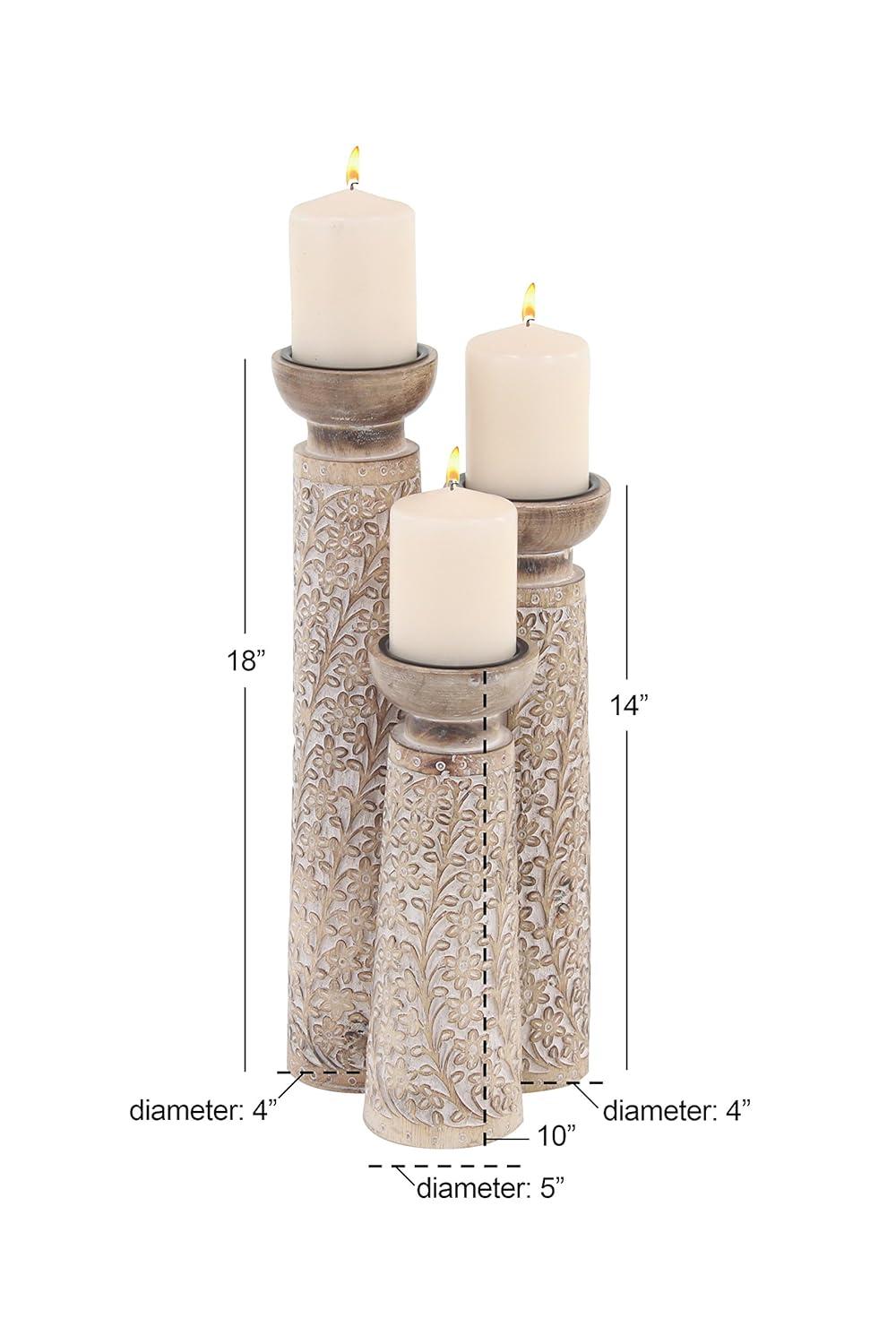 Gracie Oaks Mango Wood Floral Handmade Decorative Candle Holder Carved Pillar Candle Stand With Cream Accents, Set Of 3 Candlestick Holder 6", 8", 10"H, Brown