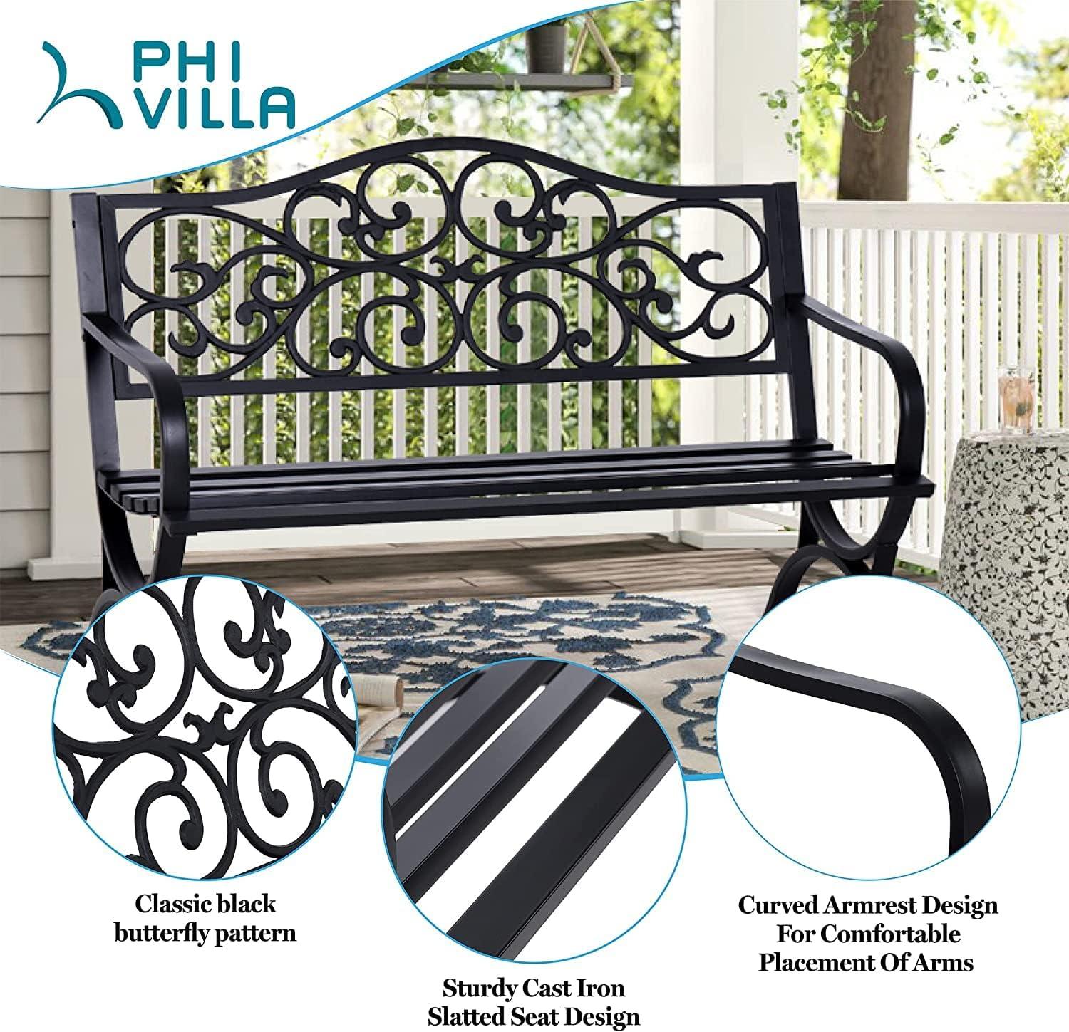 Patio Garden Bench 50 inch Outdoor Metal Loveseat Chairs with Armrests Slatted Seat and w/Floral Design Backrest for Park, Yard, Porch, Lawn, Balcony, Backyard, Black