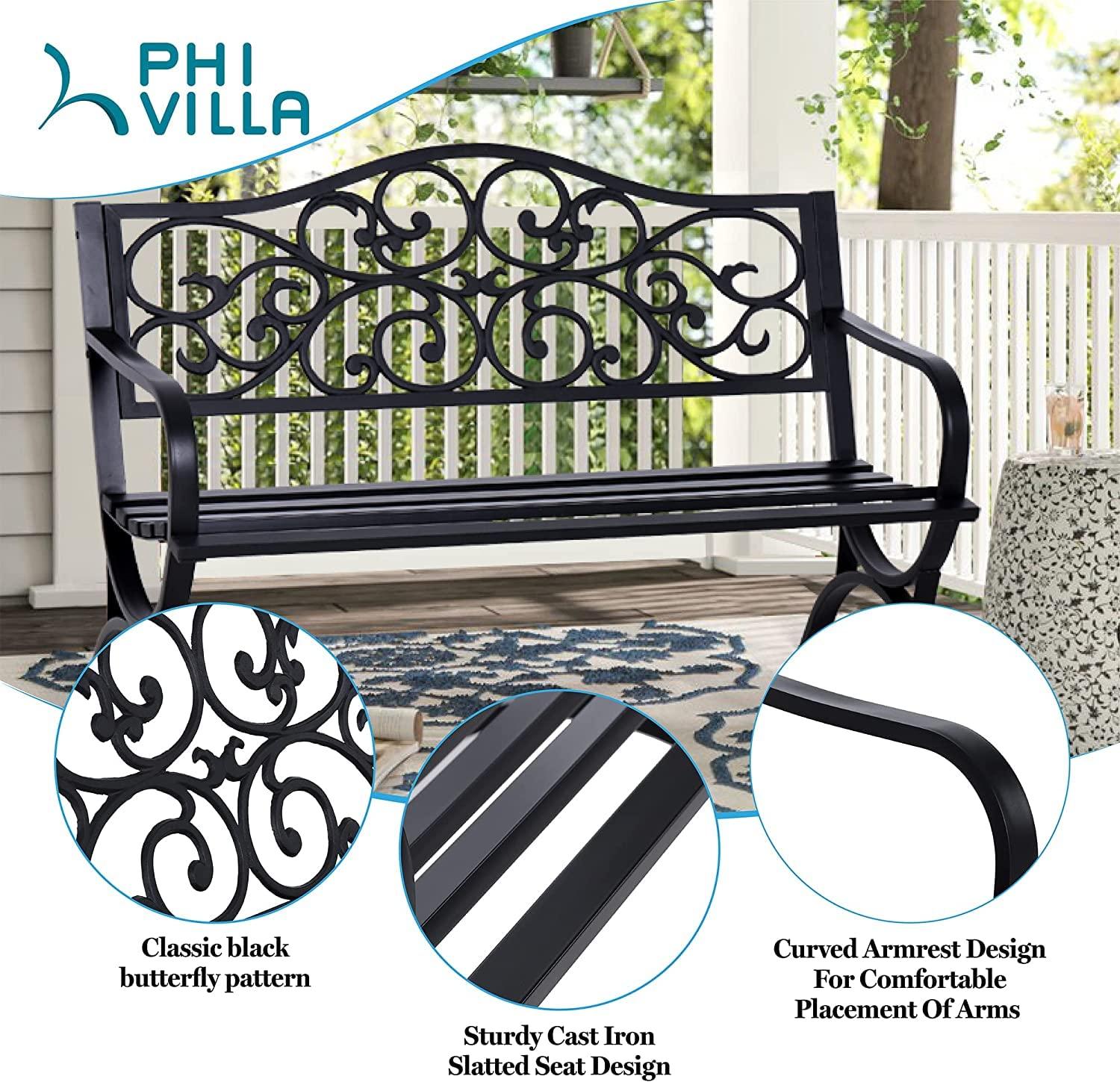 QSHIMY Patio Garden Bench 50 inch Outdoor Metal Loveseat Chairs with Armrests Slatted,Easy to Assemble,Sturdiness,Perfect for Outdoors,Black